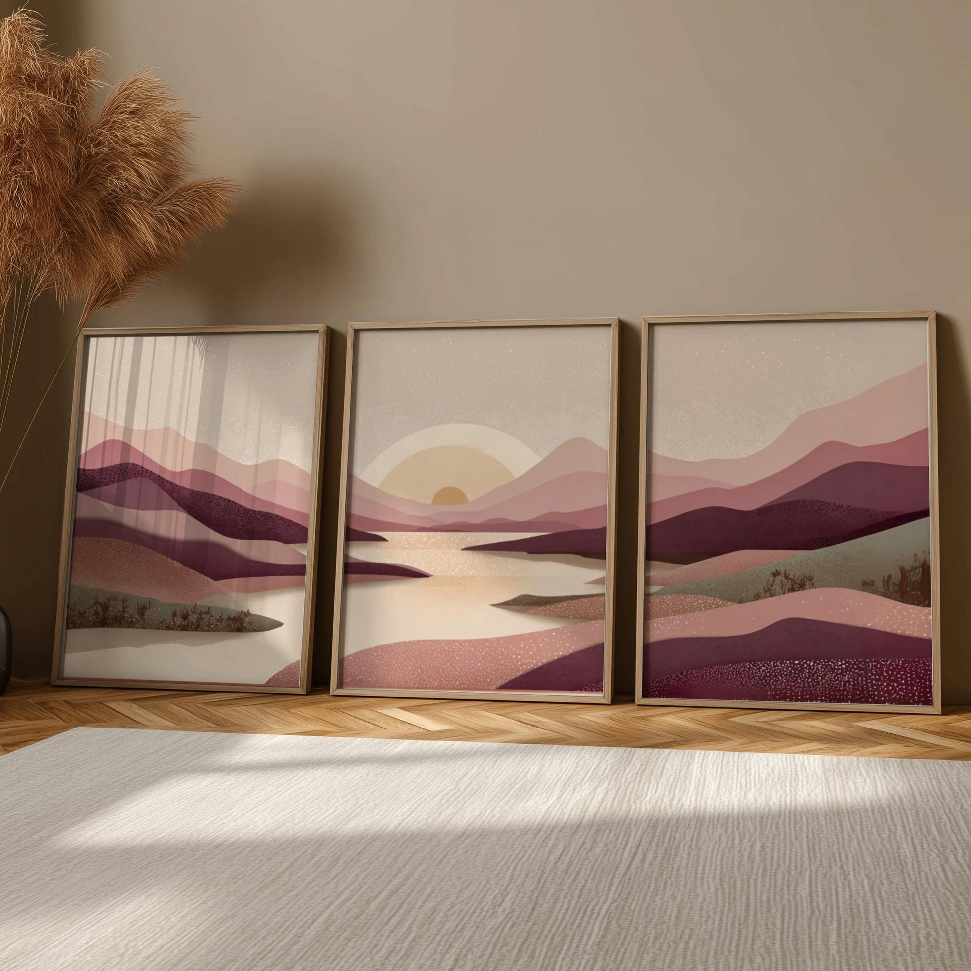 Set of 3 Mountain River Prints – Burgundy & Beige Landscape Wall Art, Minimalist Nature Poster Set for Modern Home Decor