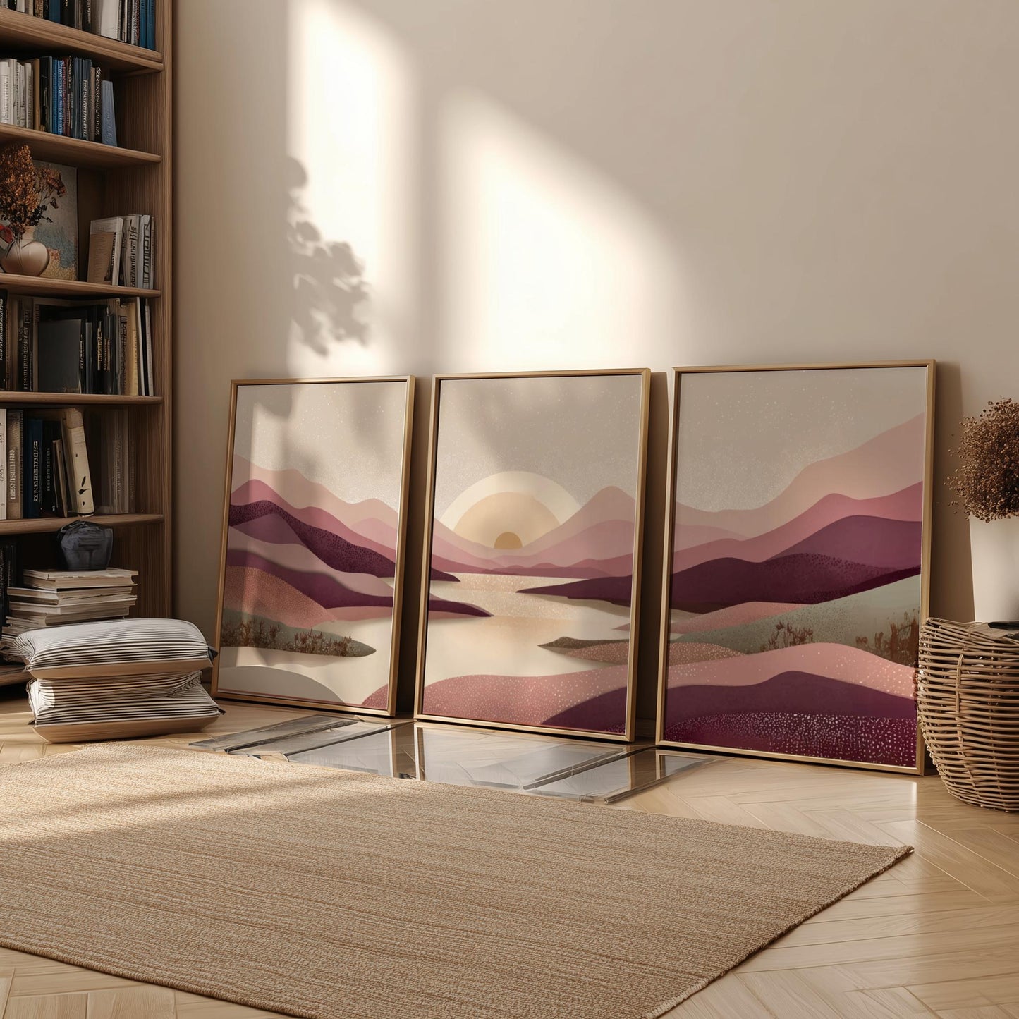 Set of 3 Mountain River Prints – Burgundy & Beige Landscape Wall Art, Minimalist Nature Poster Set for Modern Home Decor