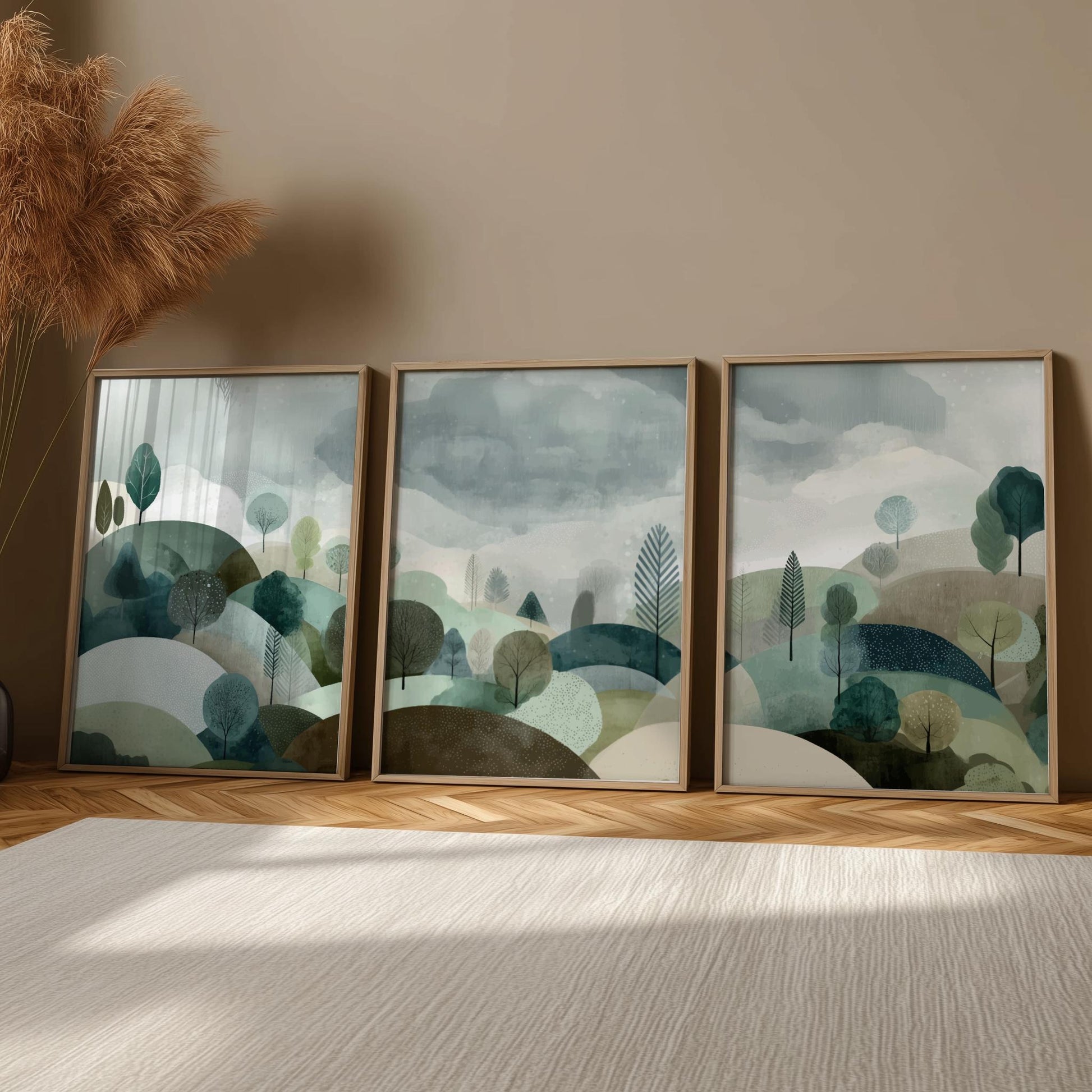 Set of 3 Green Mountain and Forest Prints – Nature Wall Art, Minimalist Landscape Poster Set with Trees for Modern Home Decor