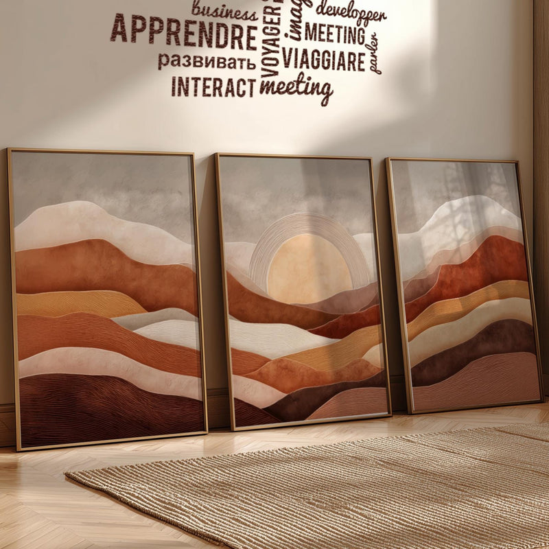 Set of 3 Sunset Mountain Prints – Earth Tone Wall Art, Brown Minimalist Landscape Poster Set for Modern Boho Home