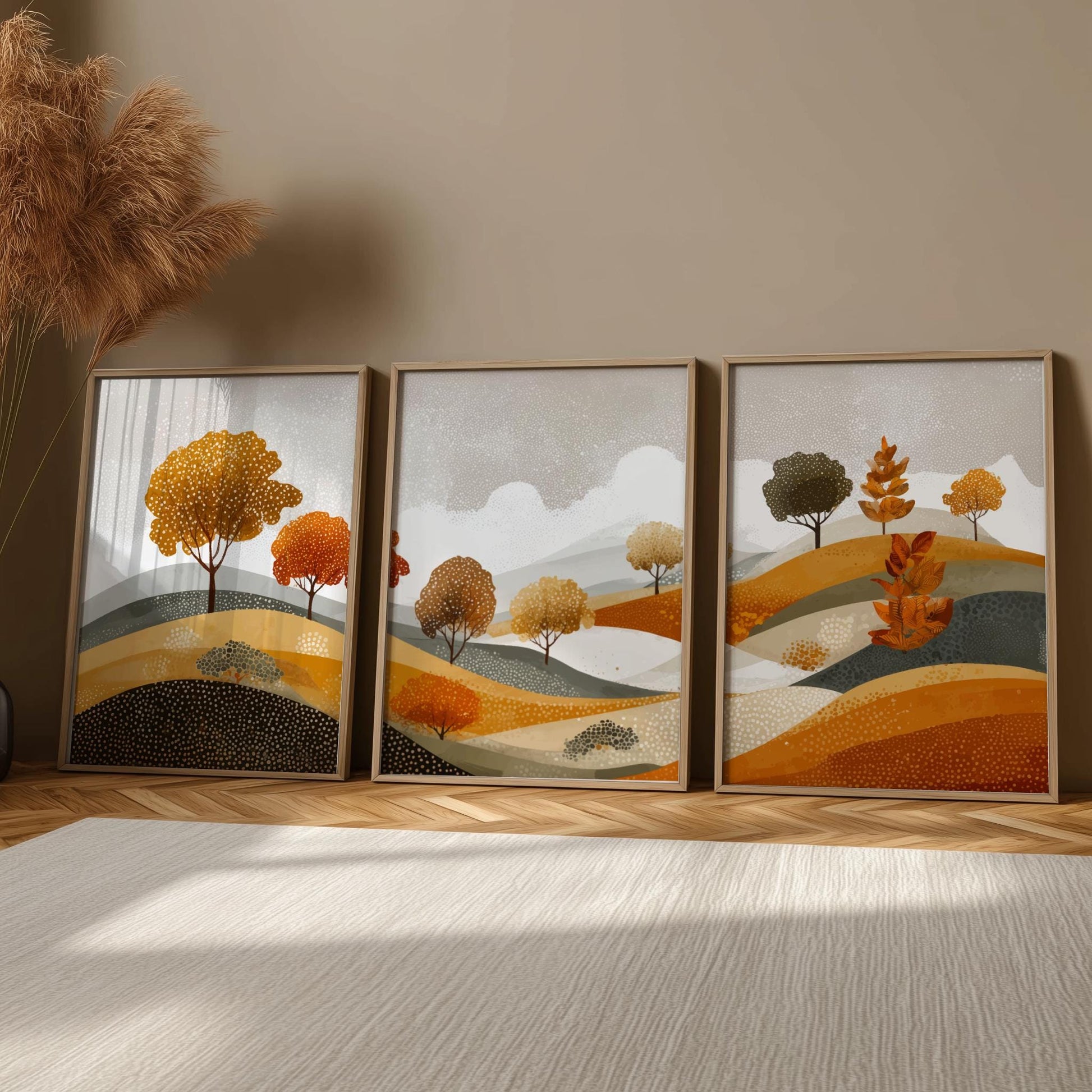 Earth-Toned Mountain Landscape Wall Art – Poster Set of 3 with Sun, Nature Prints in Brown and Green for Modern Rustic Decor