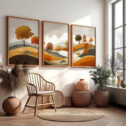 Earth-Toned Mountain Landscape Wall Art – Poster Set of 3 with Sun, Nature Prints in Brown and Green for Modern Rustic Decor