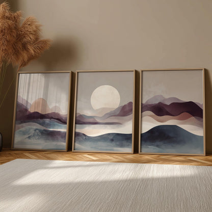 Mountain Sunset Wall Art – Brown and Blue Landscape Poster Set of 3, Tranquil Nature Prints for Modern or Rustic Decor