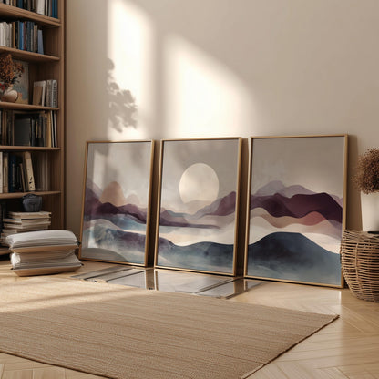 Mountain Sunset Wall Art – Brown and Blue Landscape Poster Set of 3, Tranquil Nature Prints for Modern or Rustic Decor