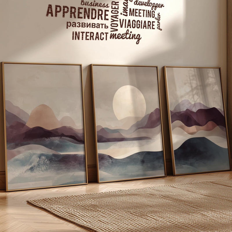 Mountain Sunset Wall Art – Brown and Blue Landscape Poster Set of 3, Tranquil Nature Prints for Modern or Rustic Decor