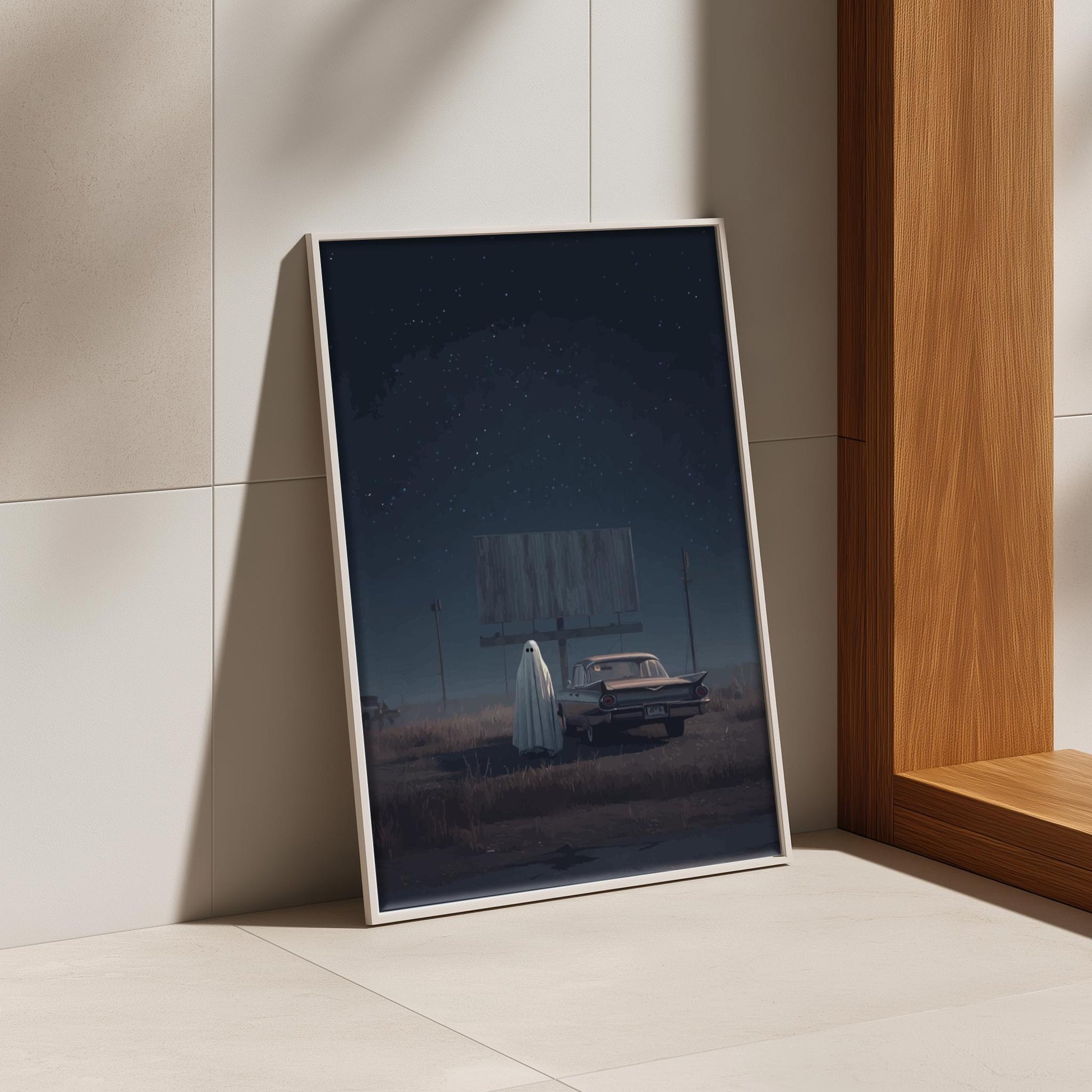 Ghost at Drive-In Poster – Surreal Retro Cinema Wall Art, Dreamcore Ghost Print, Vaporwave Night Aesthetic Decor