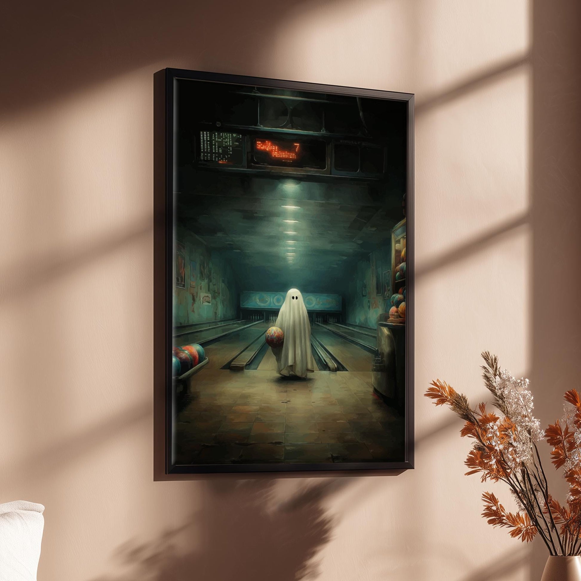 Ghost Bowling Alley Poster - Spare Spirit - Surreal Retro Wall Art, Spooky Aesthetic Print, Liminal Bowling Scene