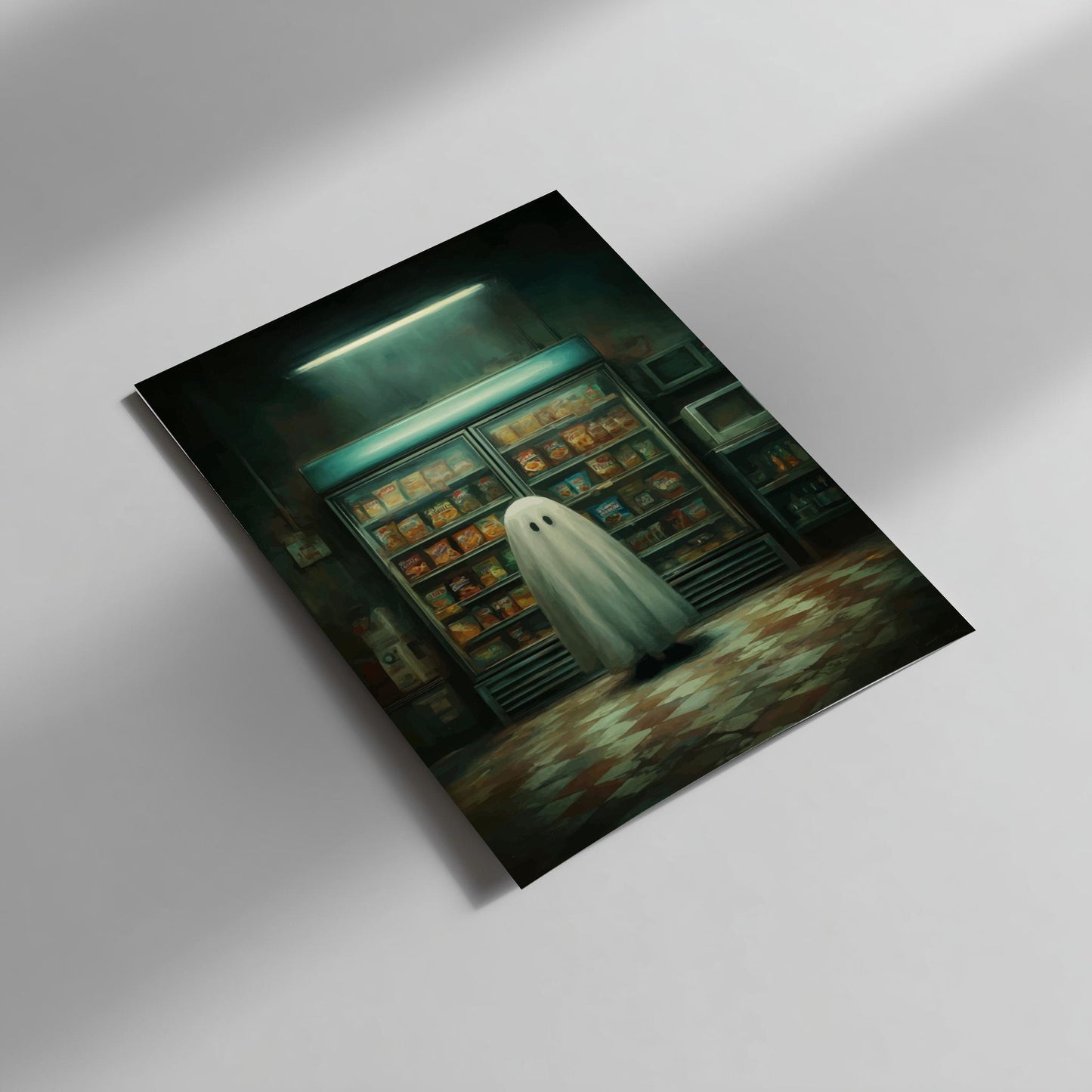 Ghost Convenience Store Poster - Nocturnal Noodle Haunt - Spooky 3AM Ghost Print, Surreal Dreamcore Wall Art