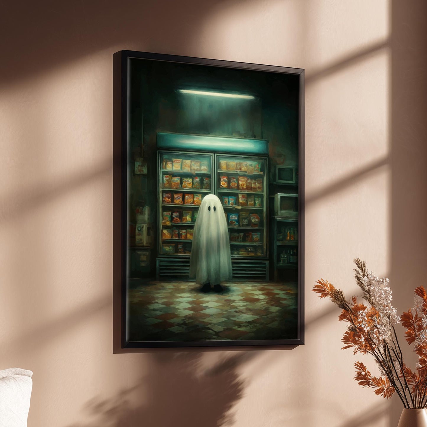 Ghost Convenience Store Poster - Nocturnal Noodle Haunt - Spooky 3AM Ghost Print, Surreal Dreamcore Wall Art