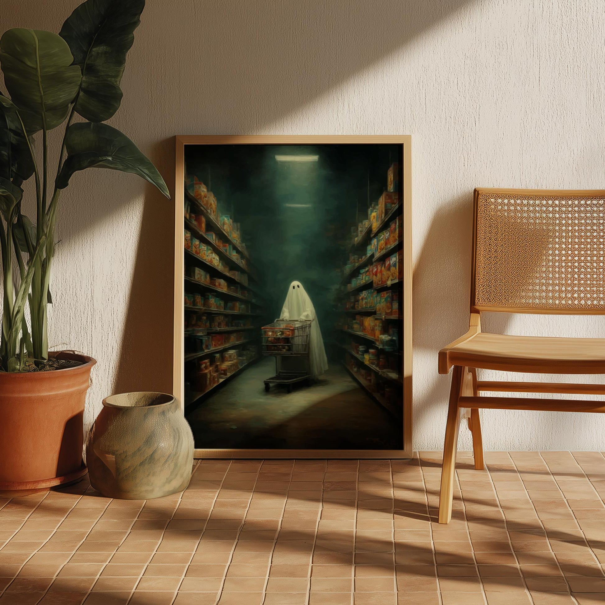 Ghost Grocery Store Poster - Midnight Market Haunt - Surreal Wall Art, Aesthetic Ghost Poster, Dreamlike Home Decor, Spooky Modern Art Print