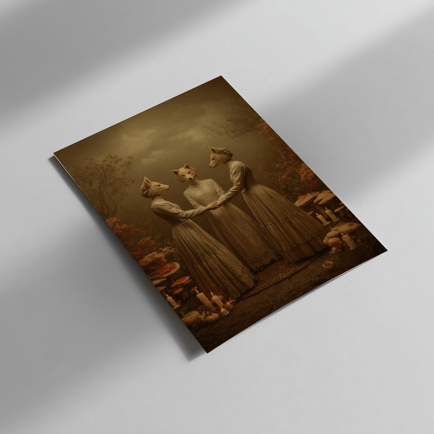 The Fox Sisters – Surreal Dark Forest Animal Ritual Art Print, Gothic Anthropomorphic Fox Witches, Vintage Woodland Wall Decor