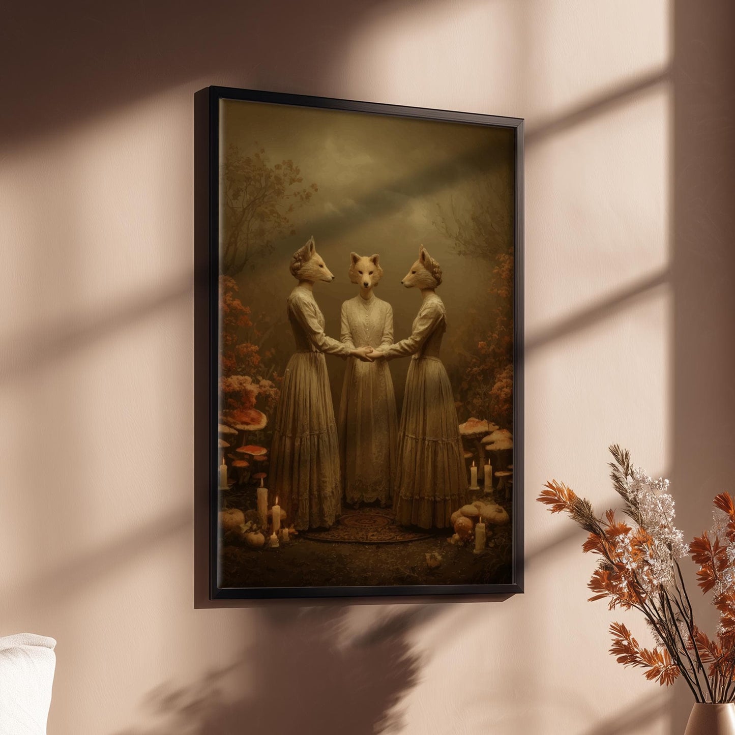 The Fox Sisters – Surreal Dark Forest Animal Ritual Art Print, Gothic Anthropomorphic Fox Witches, Vintage Woodland Wall Decor