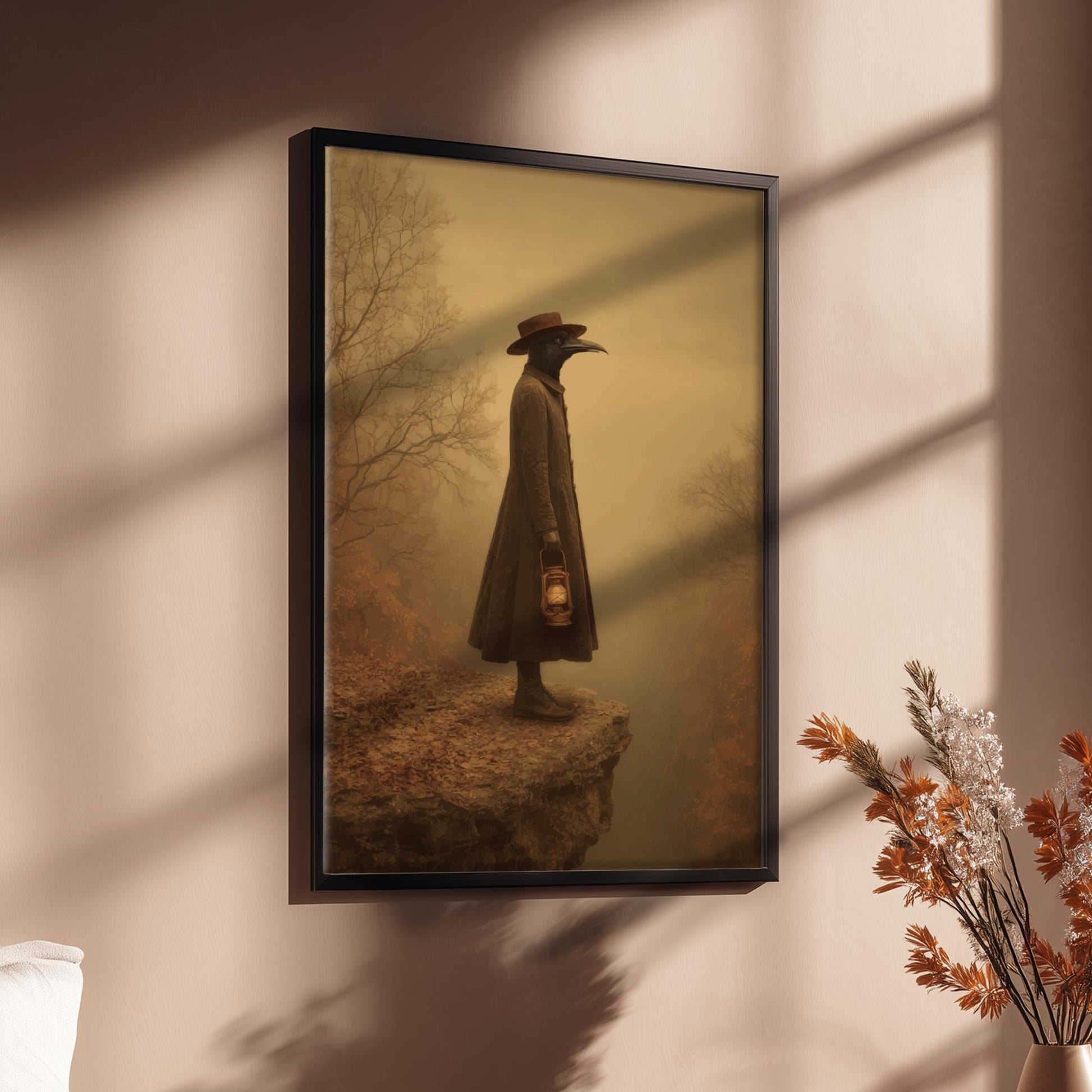 The Crow Watcher – Gothic Crow-Headed Figure Wall Art, Surreal Forest Guardian Print, Dark Academia Bird Illustration