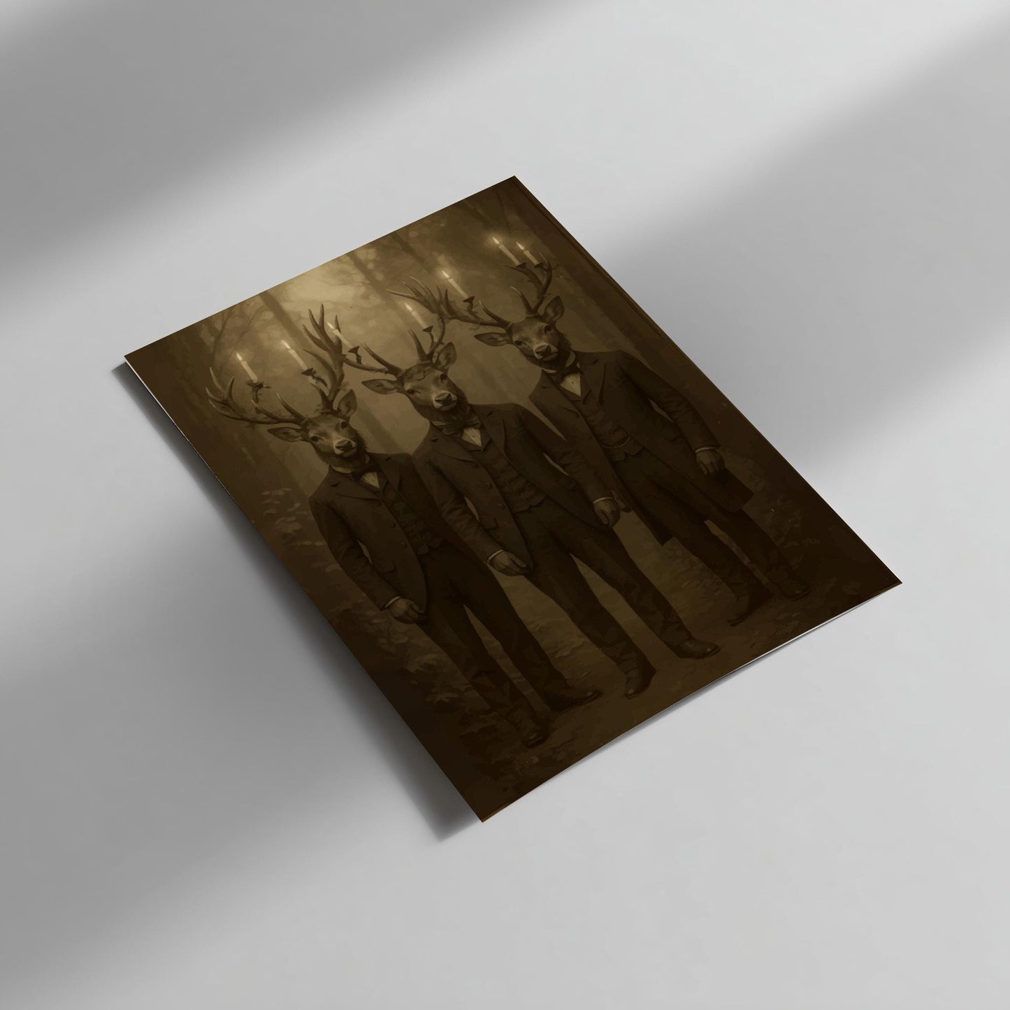 The Stag Gentlemen – Victorian Deer Wall Art, Gothic Woodland Stag Trio Print, Surreal Dark Forest Animal Decor