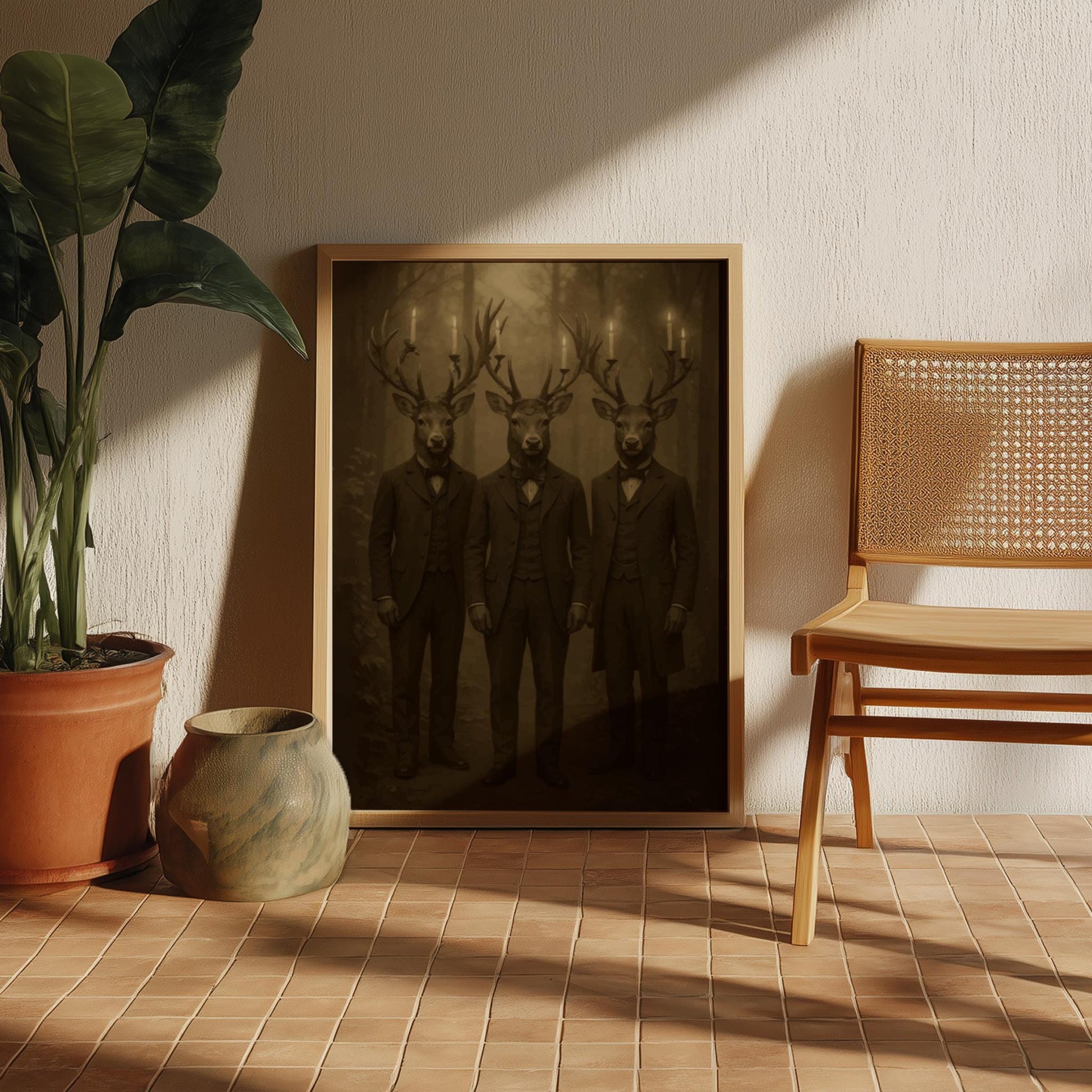 The Stag Gentlemen – Victorian Deer Wall Art, Gothic Woodland Stag Trio Print, Surreal Dark Forest Animal Decor