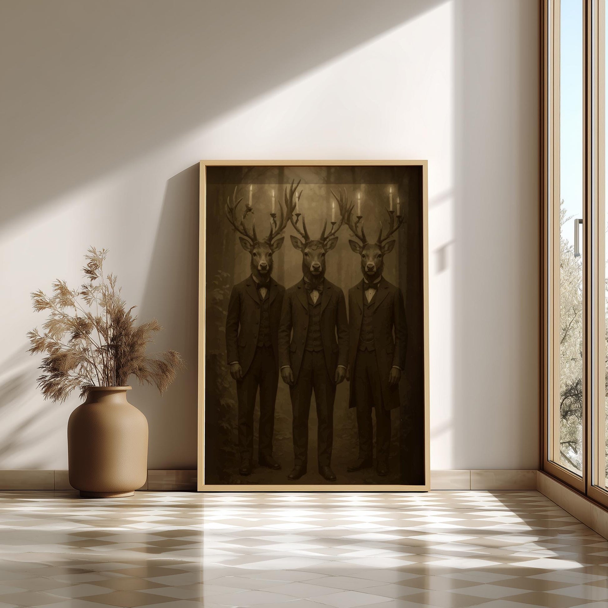 The Stag Gentlemen – Victorian Deer Wall Art, Gothic Woodland Stag Trio Print, Surreal Dark Forest Animal Decor