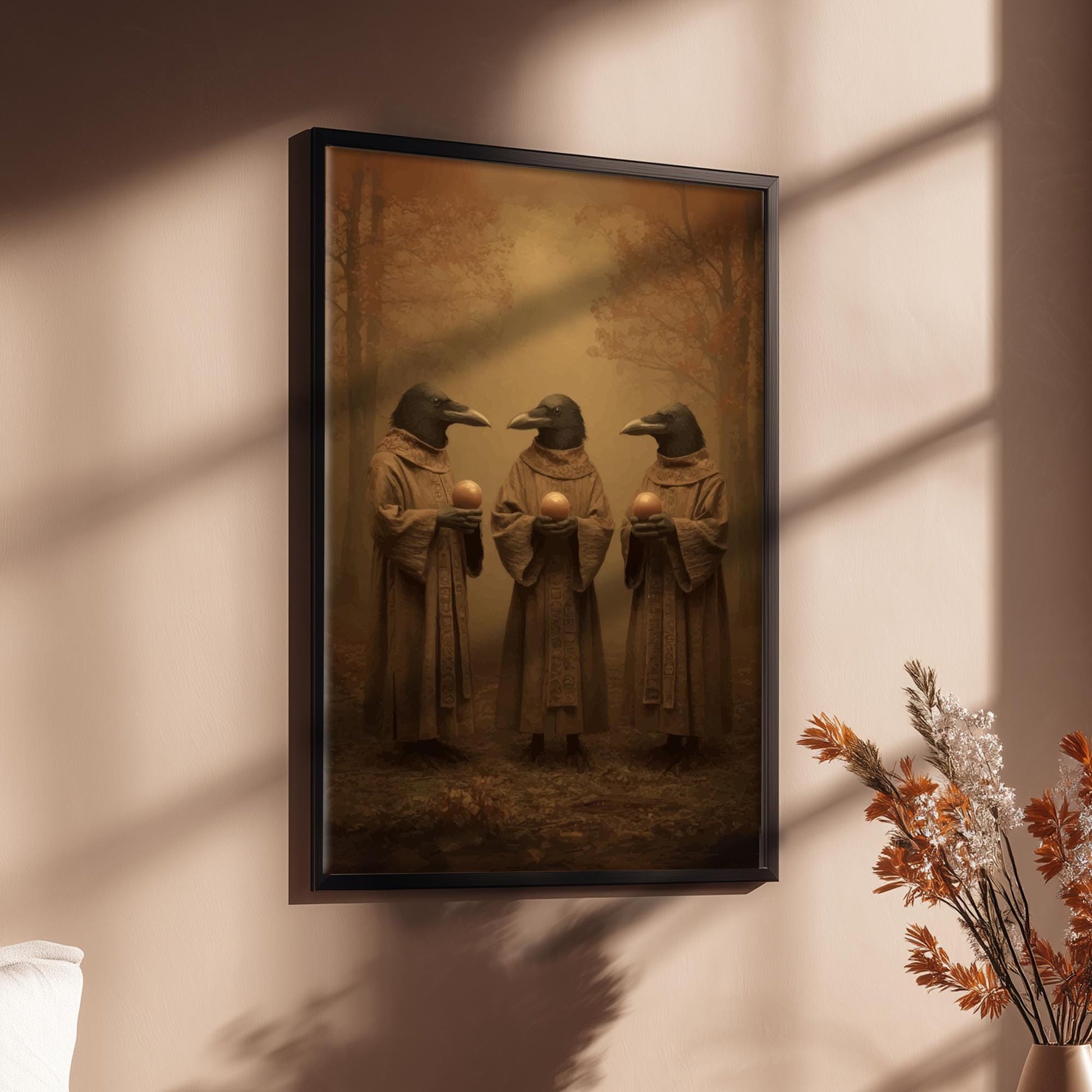 The Crow Seers – Mystical Crow Prophets Art Print, Gothic Occult Forest Poster, Surreal Anthropomorphic Bird Decor
