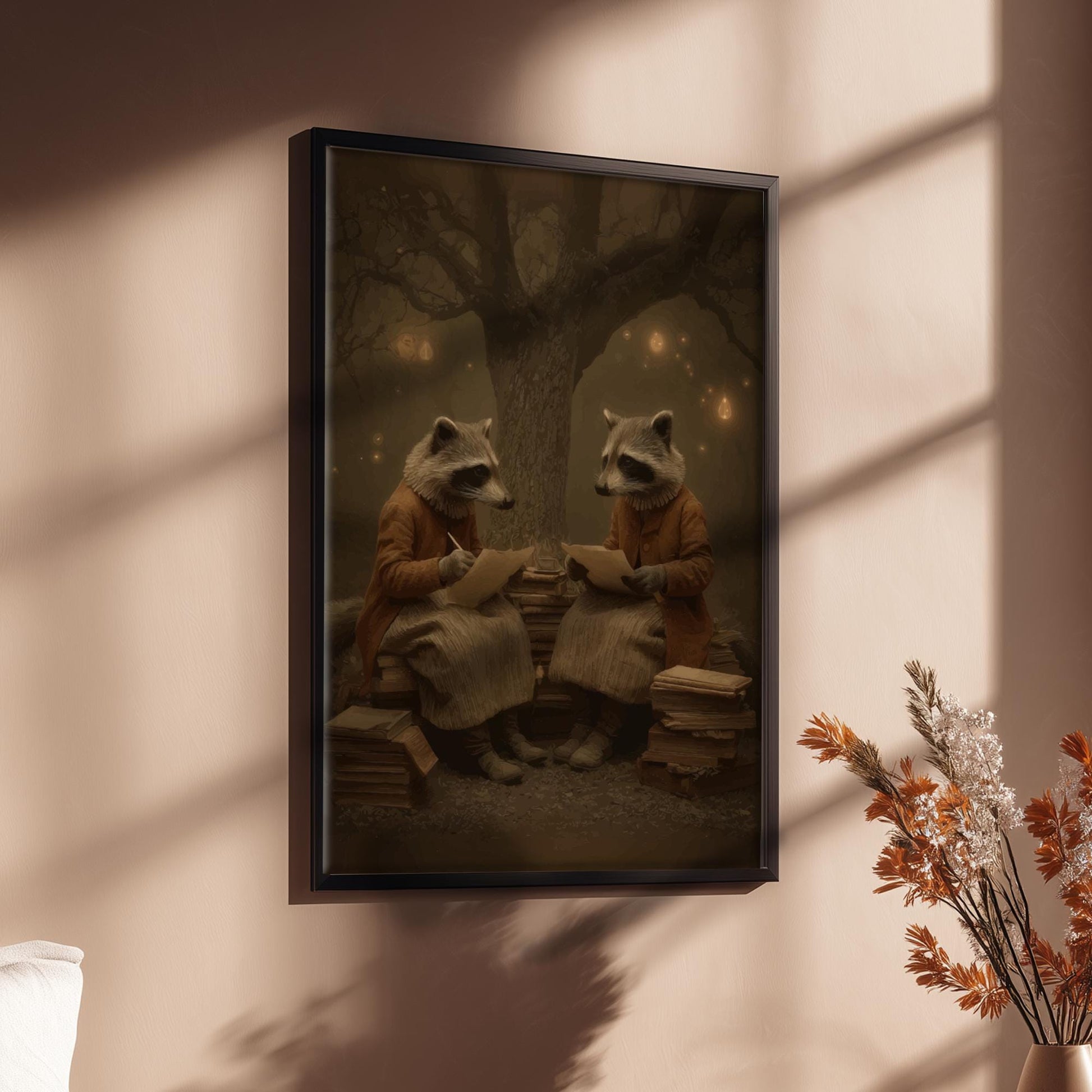 The Raccoon Poets – Gothic Raccoon Art Print, Firefly Forest Writers Poster, Surreal Animal Book Lovers Decor