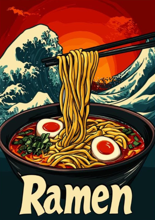 Ramen Bowl with Great Wave Poster – Japanese Food Art Print, Hokusai-Inspired Kitchen Decor, Ukiyo-e Wave Background, Noodle Lover Gift