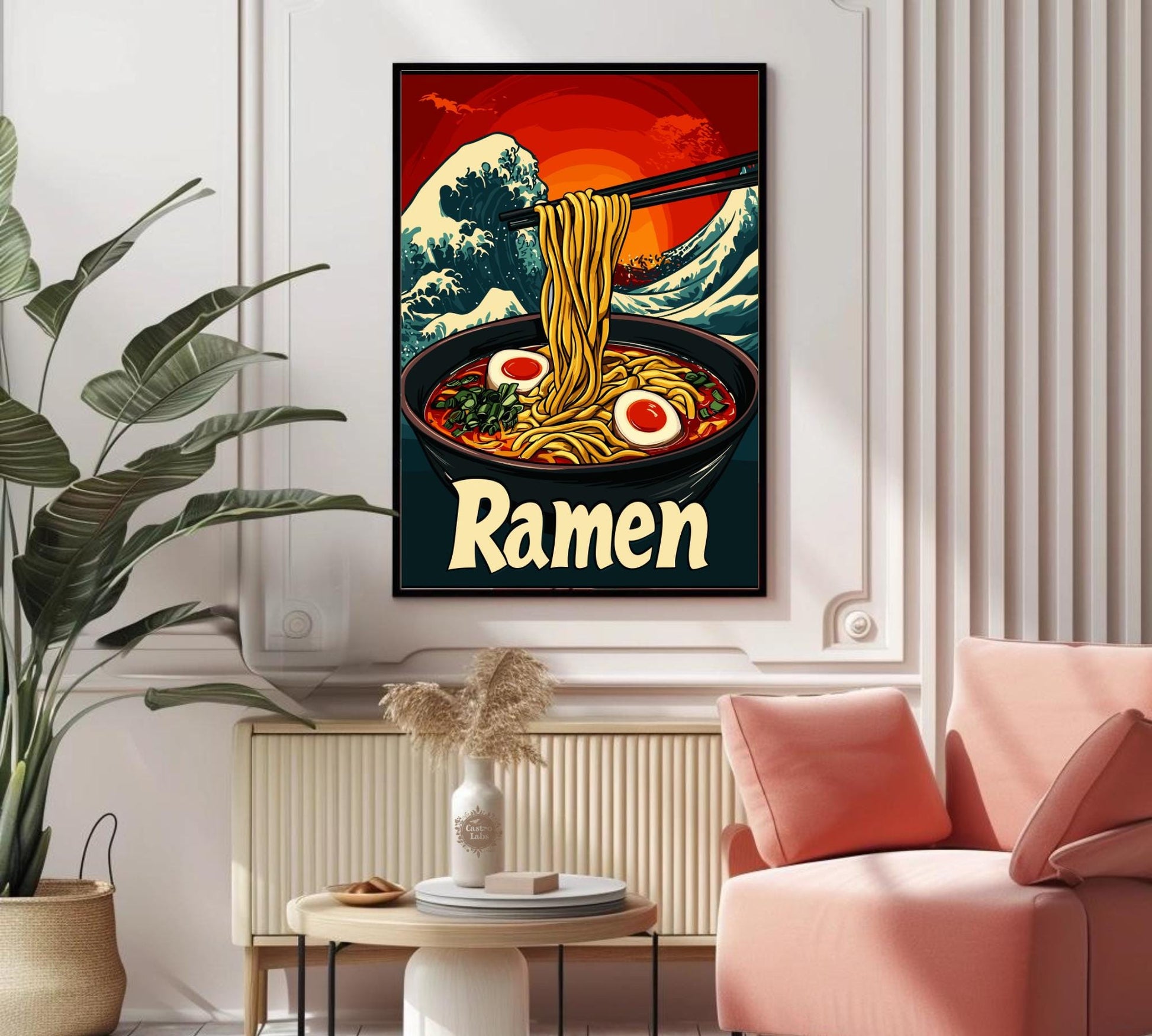 Ramen Bowl with Great Wave Poster – Japanese Food Art Print, Hokusai-Inspired Kitchen Decor, Ukiyo-e Wave Background, Noodle Lover Gift