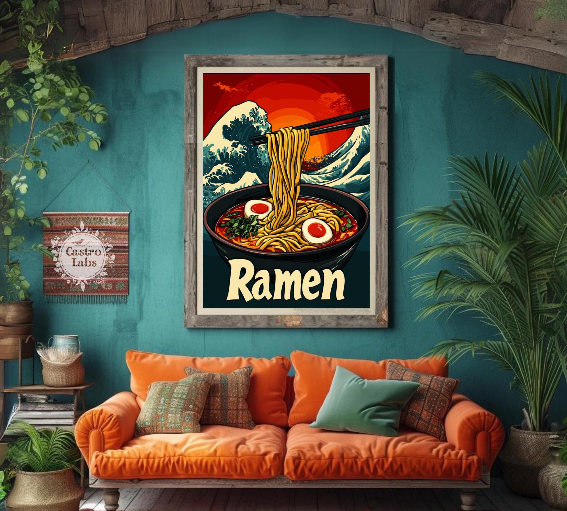 Ramen Bowl with Great Wave Poster – Japanese Food Art Print, Hokusai-Inspired Kitchen Decor, Ukiyo-e Wave Background, Noodle Lover Gift