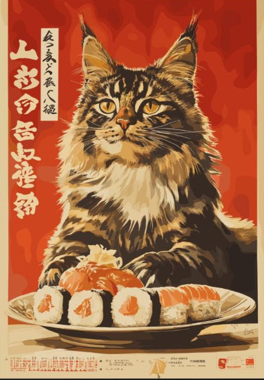 Hungry Cat Sushi Print, Japanese Style Cat Poster, Funny Wall Art for Kitchen or Cafe, Maine Coon Cat Food Art, Whimsical Cat Lover Gift