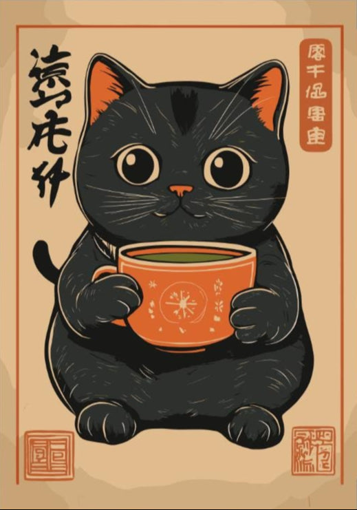 Cute Black Cat Drinking Matcha Poster – Cozy Japanese-Inspired Cat Art, Matcha Lover Print, Minimalist Cat Wall Decor, Kawaii Aesthetic