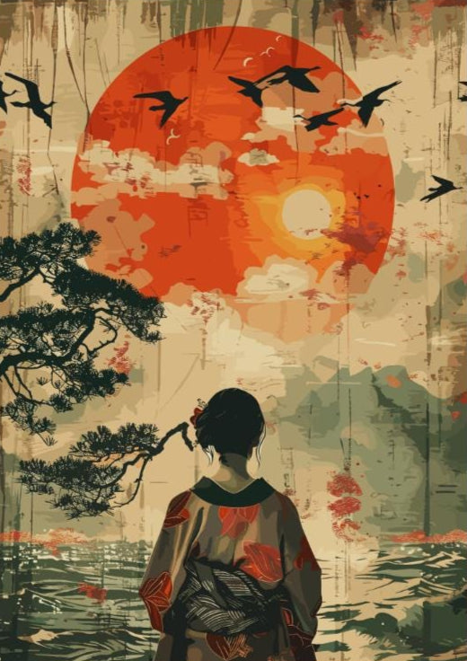 Japanese Woman Gazing at Mount Fuji Poster – Traditional Japan Wall Art, Elegant Geisha Print, Serene Landscape Artwork, Fuji Mountain Decor