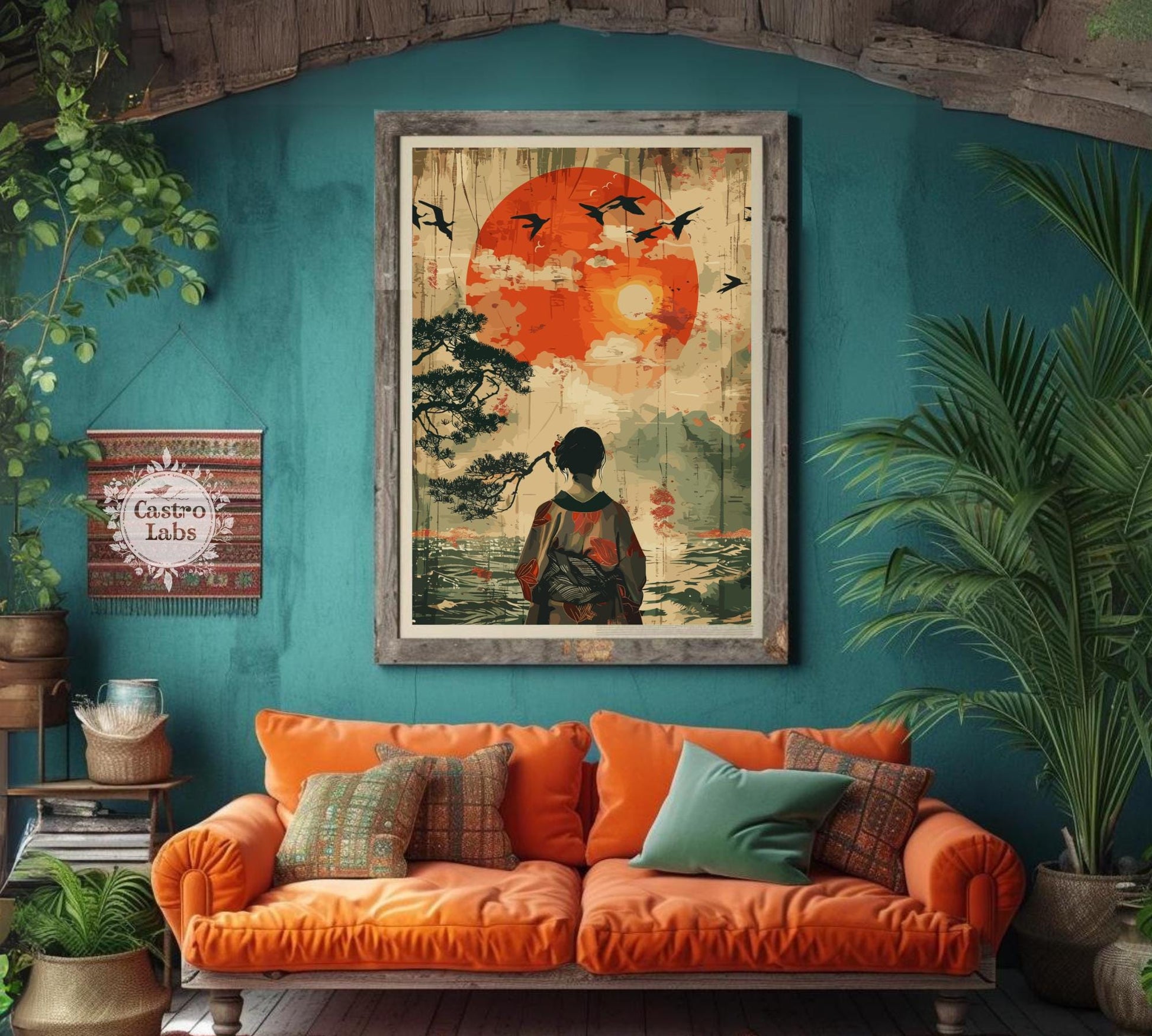 Japanese Woman Gazing at Mount Fuji Poster – Traditional Japan Wall Art, Elegant Geisha Print, Serene Landscape Artwork, Fuji Mountain Decor
