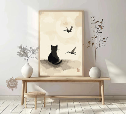Japanese Ink Cat Poster – Traditional Style Feline Wall Art, Oriental Animal Print, Mythical Cat Illustration, Asian Decor for Cat Lovers