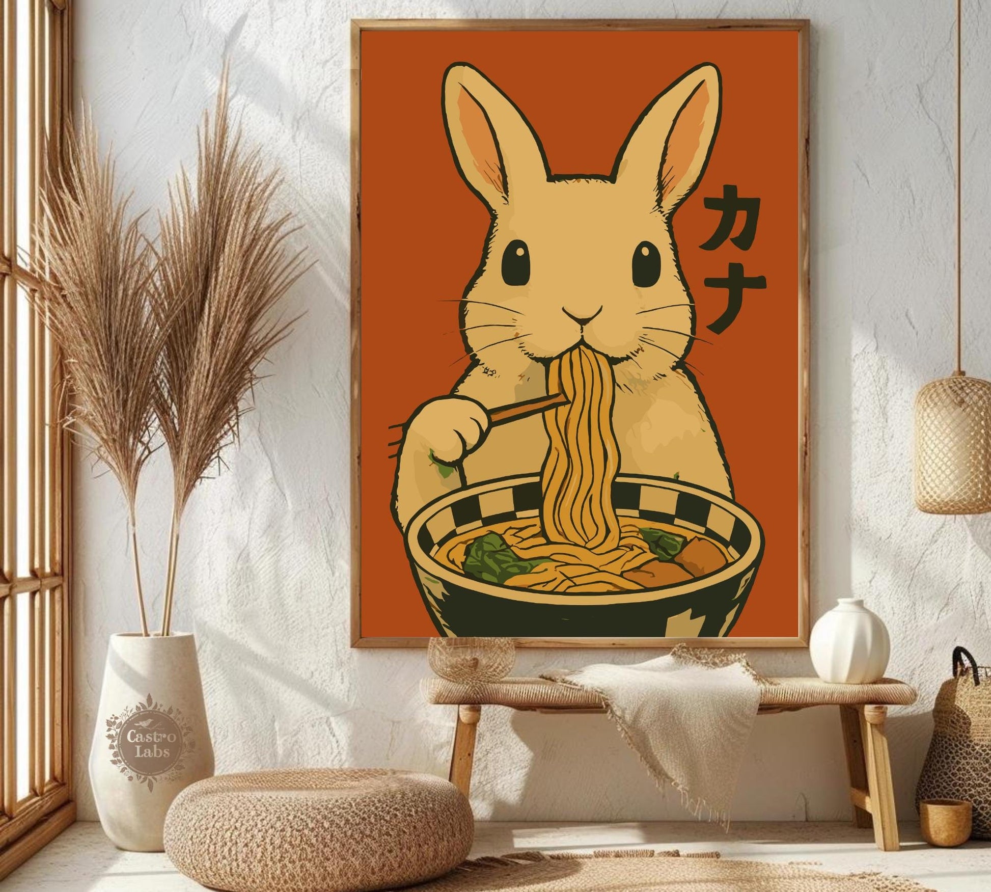 Rabbit Eating Ramen Poster – Cute Bunny Wall Art, Japanese Food Illustration, Kawaii Ramen Lover Print, Whimsical Animal Kitchen Decor