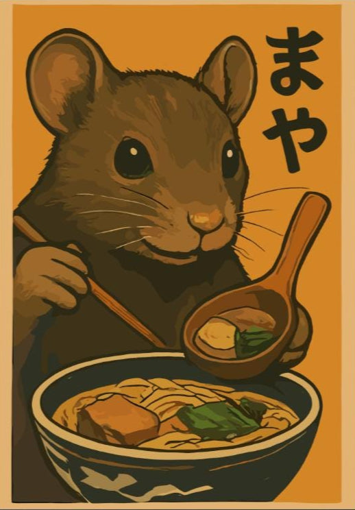 Mouse Eating Ramen Poster – Adorable Mouse Wall Art, Kawaii Japanese Food Print, Whimsical Ramen Lover Decor, Cute Animal Kitchen Art