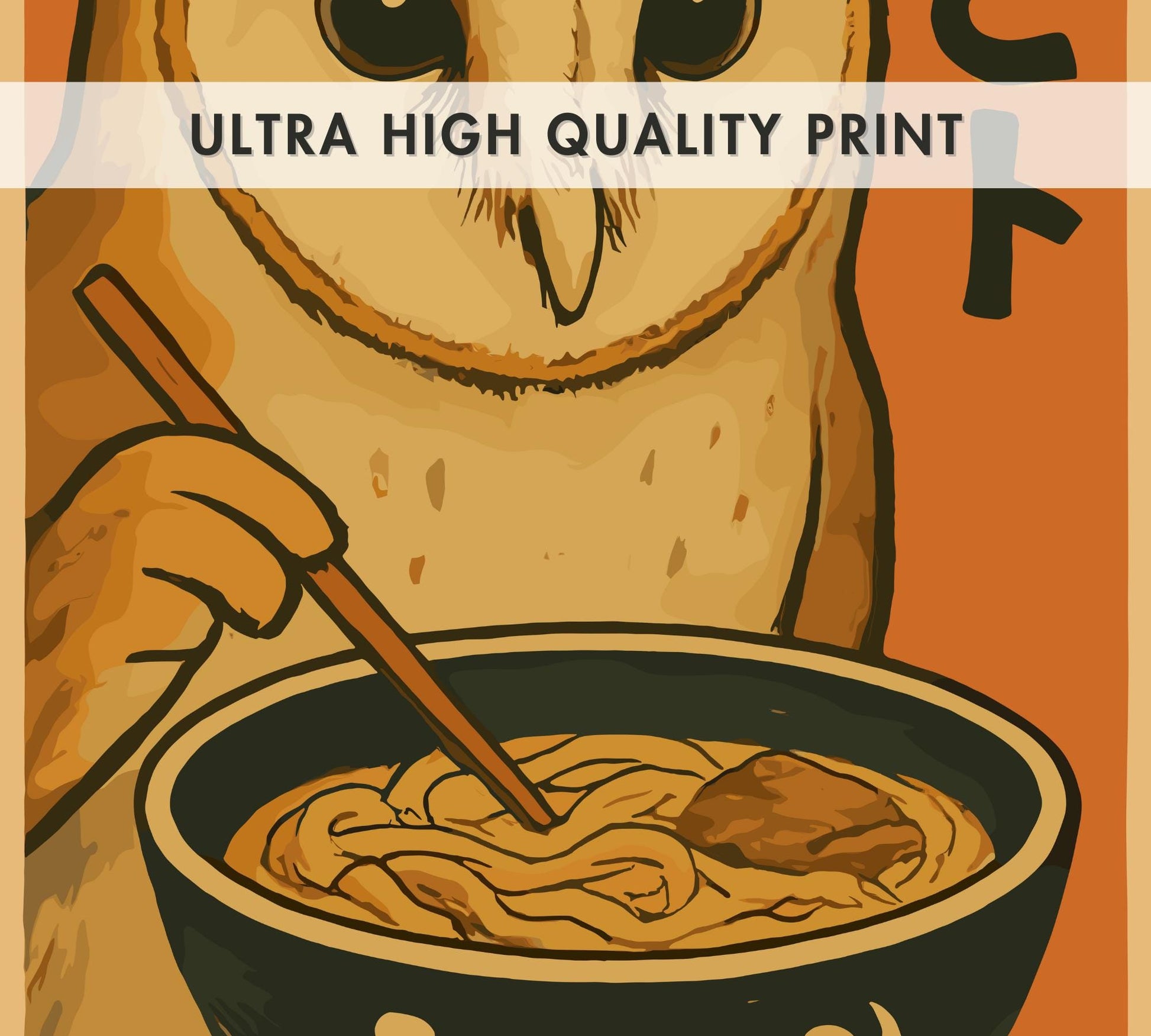 Owl Eating Ramen Poster – Whimsical Owl Wall Art, Japanese Food Illustration, Cozy Ramen Lover Print, Cute Animal Kitchen Decor