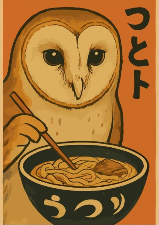 Owl Eating Ramen Poster – Whimsical Owl Wall Art, Japanese Food Illustration, Cozy Ramen Lover Print, Cute Animal Kitchen Decor