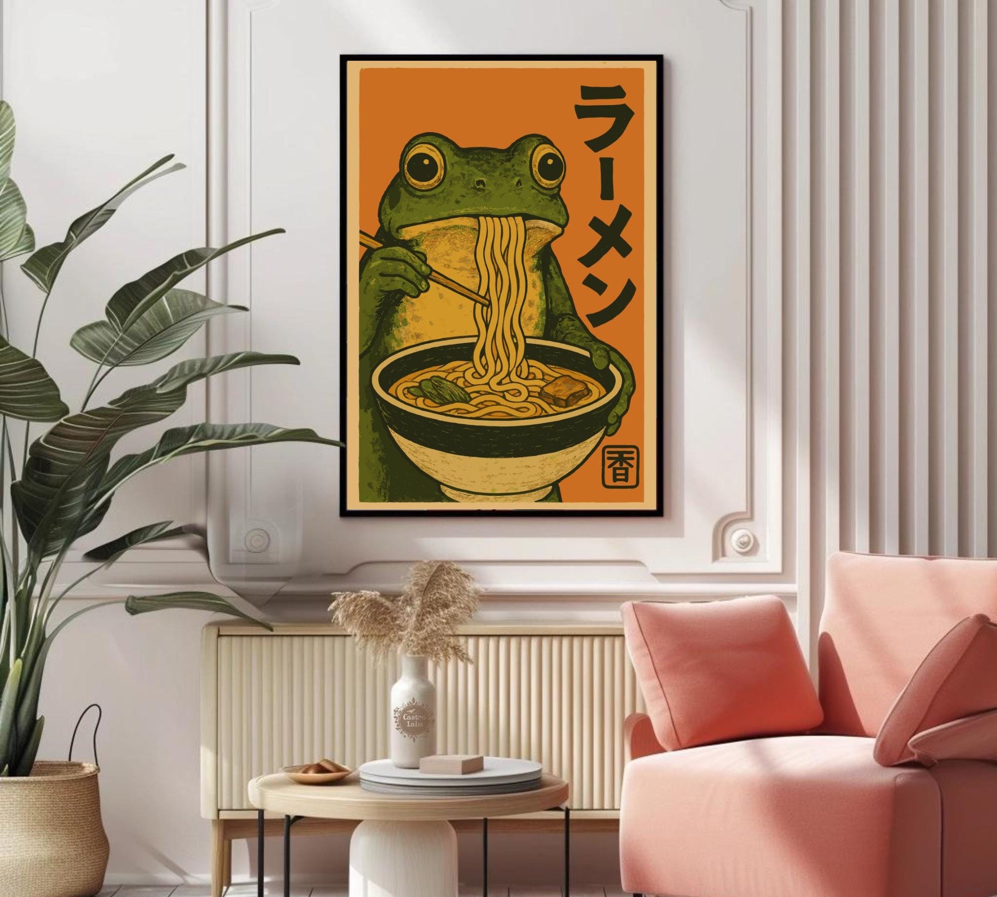 Frog Eating Ramen Poster – Japanese Ukiyo-e Inspired Frog Art, Ramen Bowl Illustration, Quirky Amphibian Wall Print, Zen Kitchen Decor