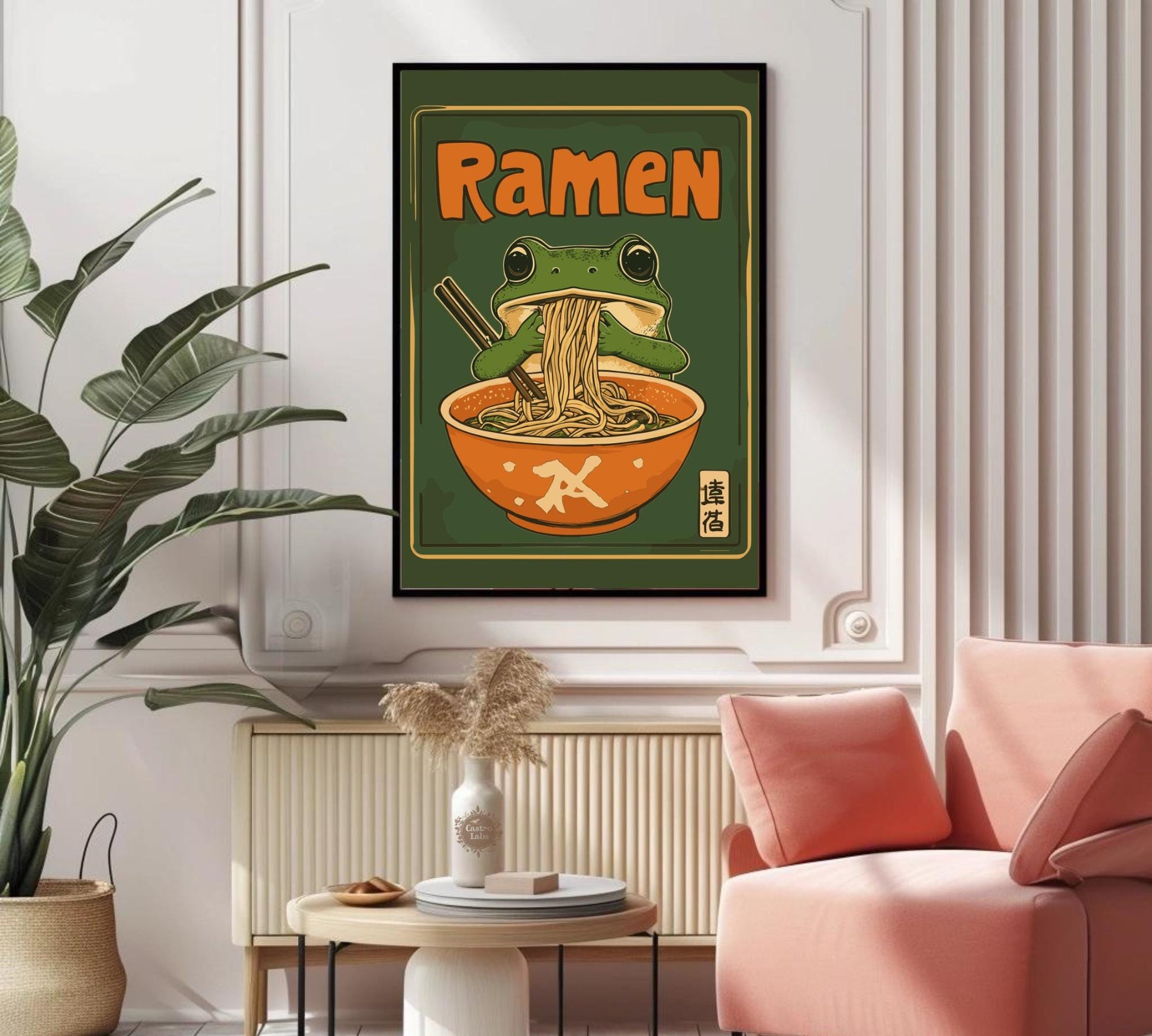 Kawaii Frog Ramen Poster – Cute Frog Eating Ramen Wall Art, Whimsical Animal Illustration, Japanese Food Lover Decor, Playful Kitchen Print