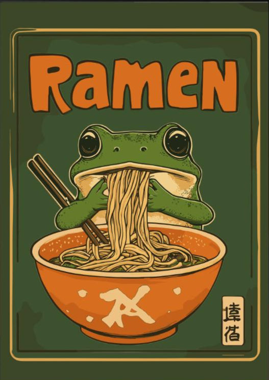 Kawaii Frog Ramen Poster – Cute Frog Eating Ramen Wall Art, Whimsical Animal Illustration, Japanese Food Lover Decor, Playful Kitchen Print