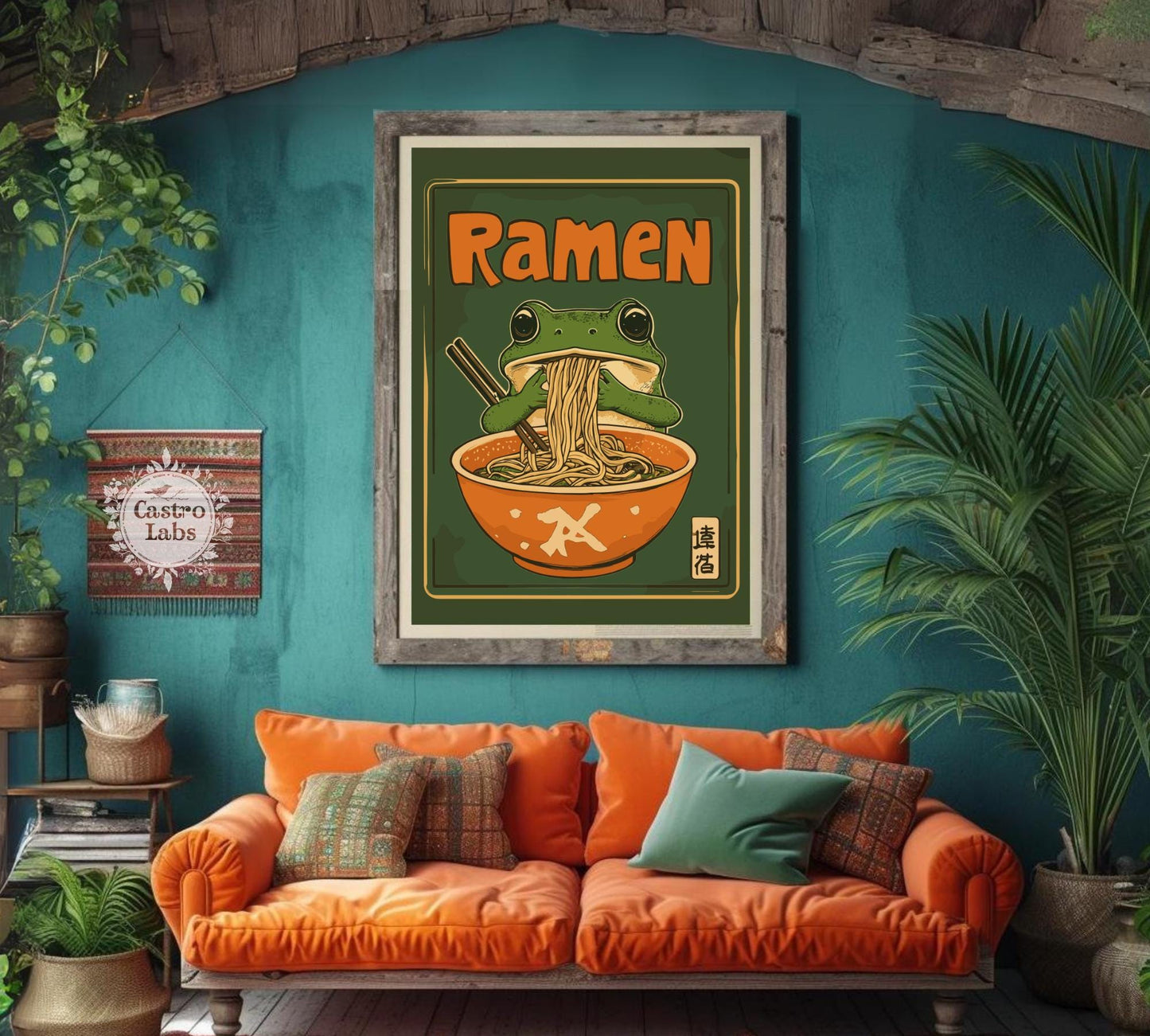 Kawaii Frog Ramen Poster – Cute Frog Eating Ramen Wall Art, Whimsical Animal Illustration, Japanese Food Lover Decor, Playful Kitchen Print