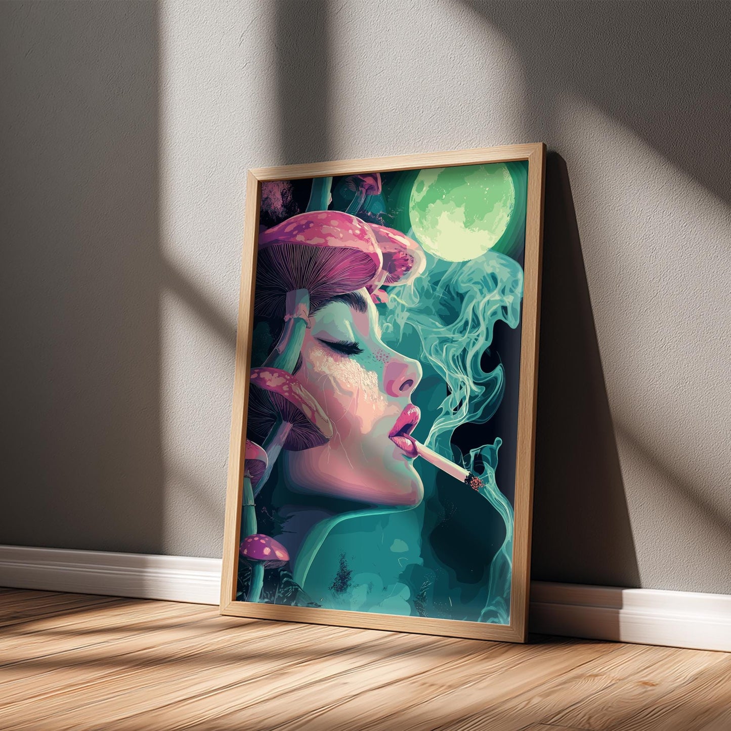 Lunar Drift Psychedelic Poster – Trippy Woman with Mushrooms and Smoke, Surreal Cosmic Wall Art, Dreamscape Print, Neon Boho Decor