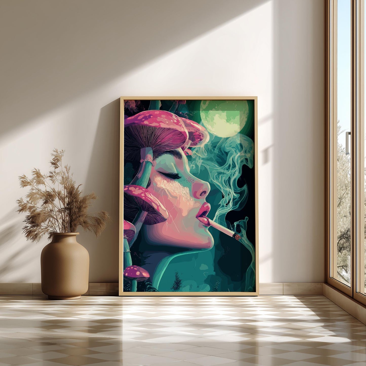 Lunar Drift Psychedelic Poster – Trippy Woman with Mushrooms and Smoke, Surreal Cosmic Wall Art, Dreamscape Print, Neon Boho Decor