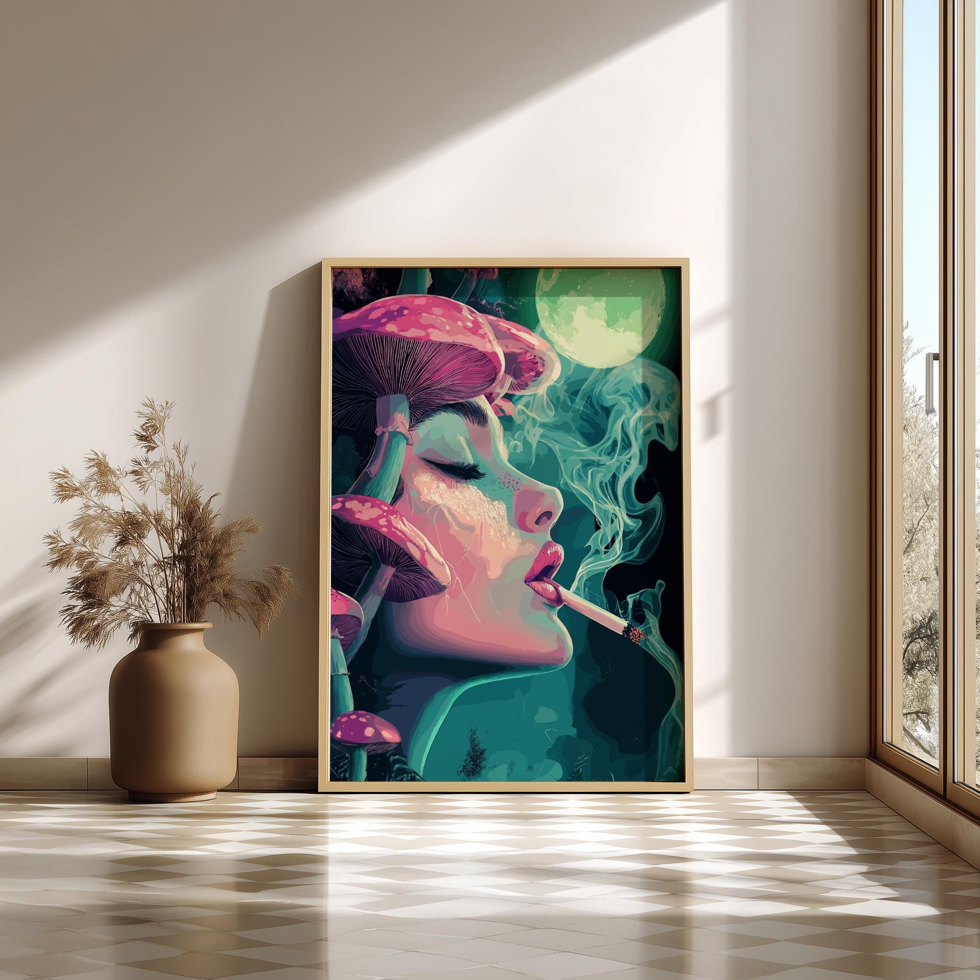 Lunar Drift Psychedelic Poster – Trippy Woman with Mushrooms and Smoke, Surreal Cosmic Wall Art, Dreamscape Print, Neon Boho Decor