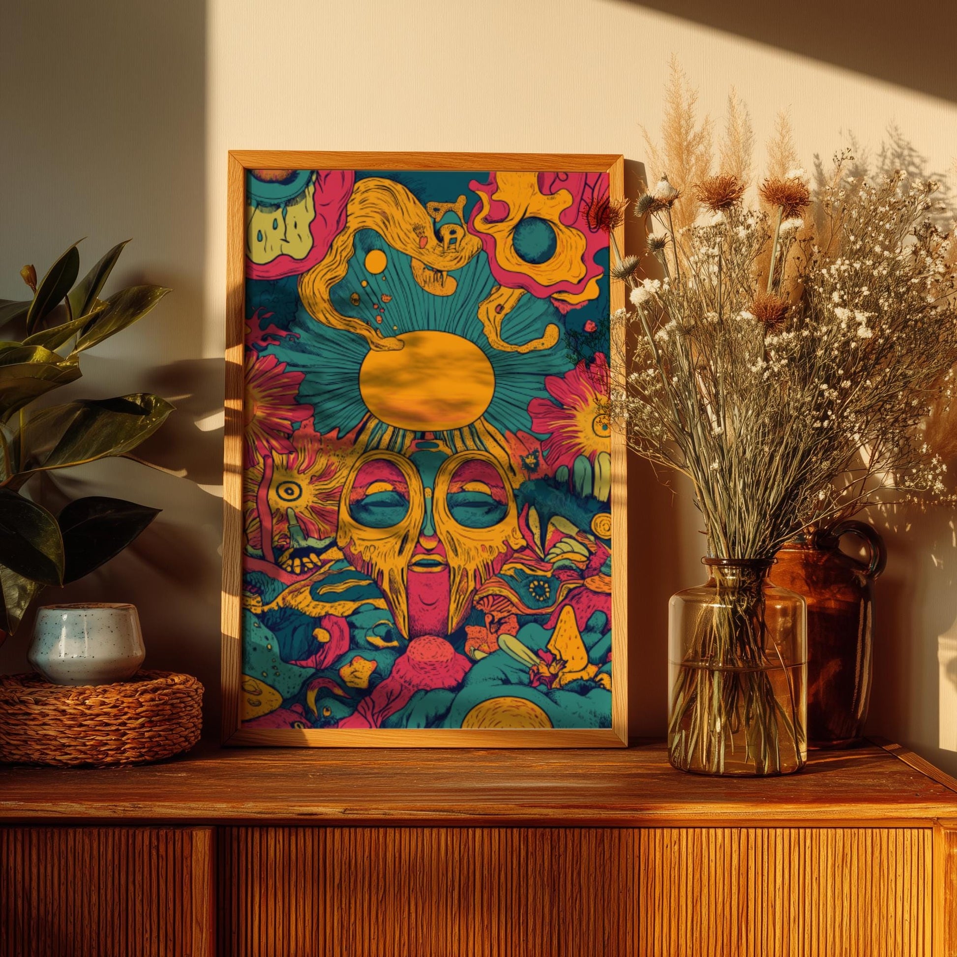 Solar Reverie Art Print – Surreal Dream Sun Poster, Vibrant Cosmic Wall Decor, Artistic Bohemian Sun Illustration for Creative Spaces