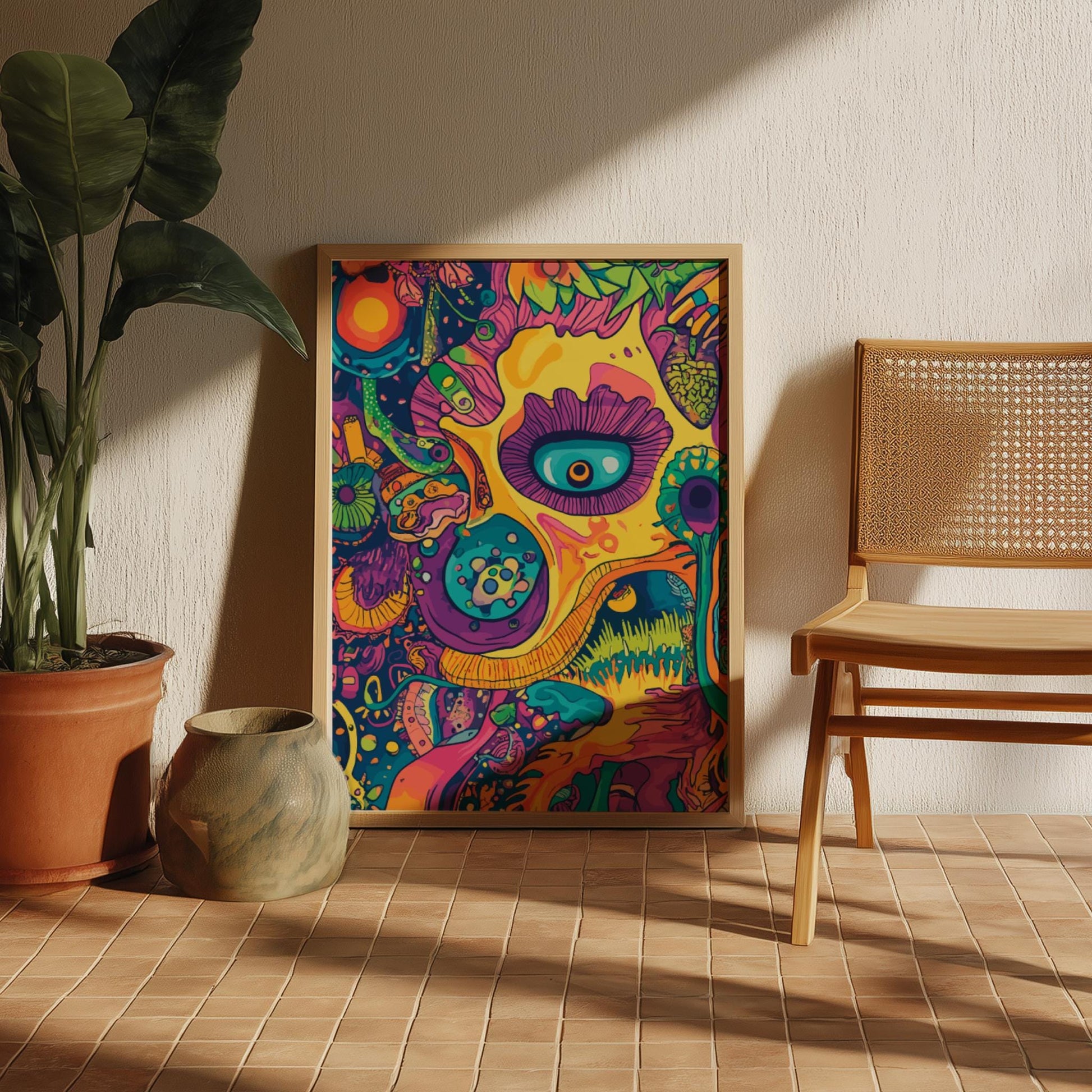 Electric Bloom Poster – Psychedelic Floral Sun Landscape, Trippy Surreal Wall Art, Colorful Cosmic Garden Decor, Retro Vibes Print