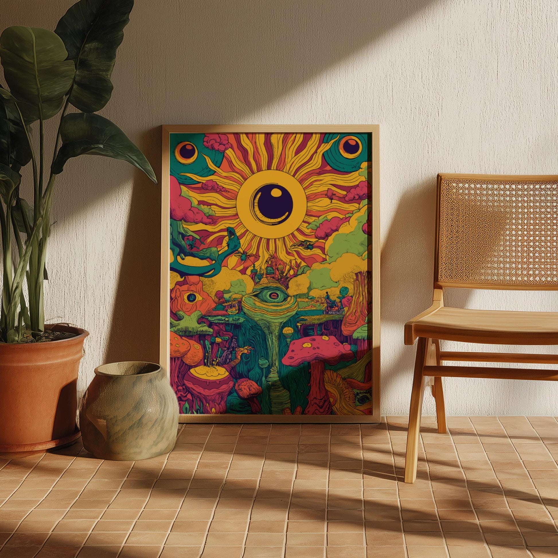 Electric Bloom Art Print – Surreal Psychedelic Garden Wall Art, Cosmic Flower Landscape Poster, Dreamy Sun and Planet Illustration