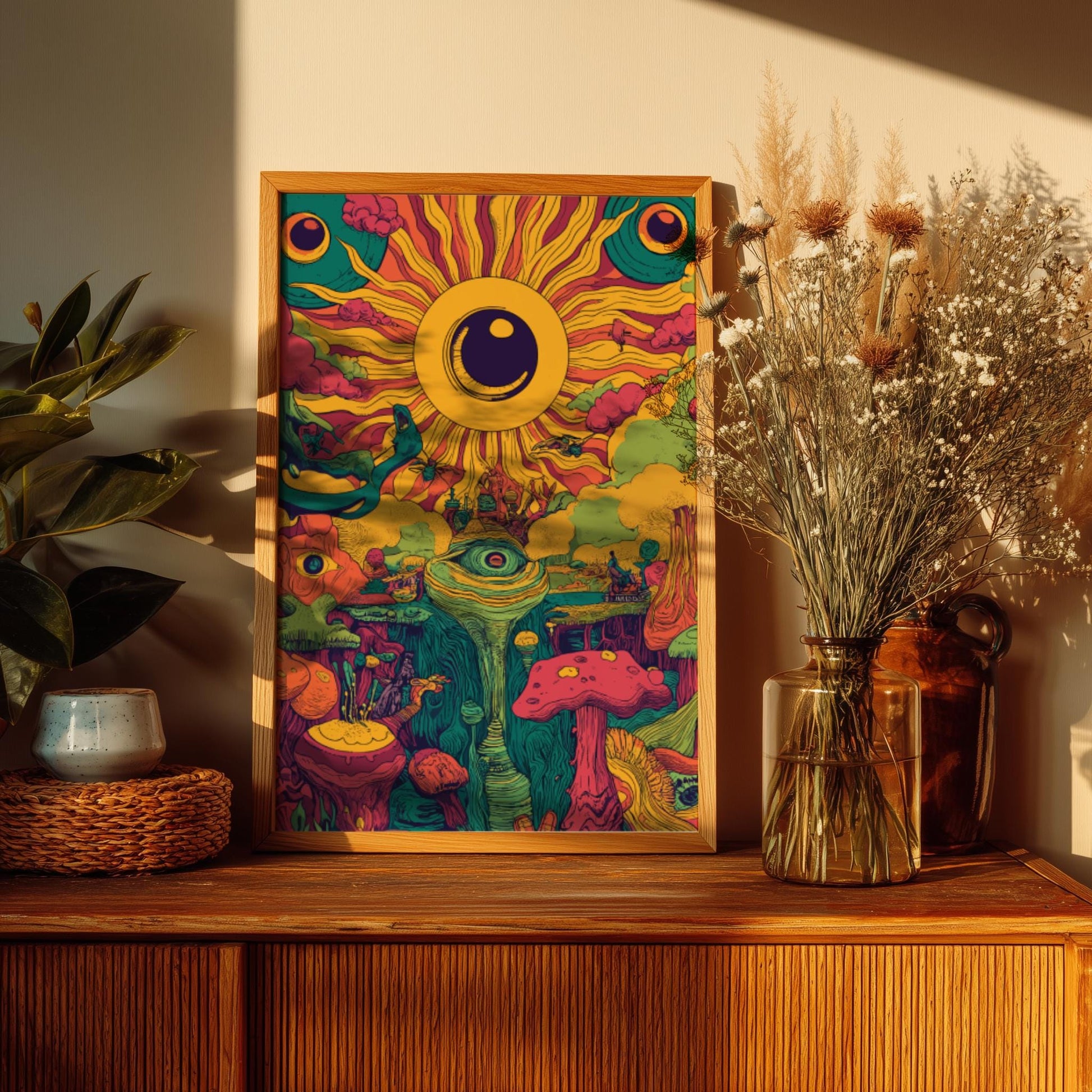 Electric Bloom Art Print – Surreal Psychedelic Garden Wall Art, Cosmic Flower Landscape Poster, Dreamy Sun and Planet Illustration