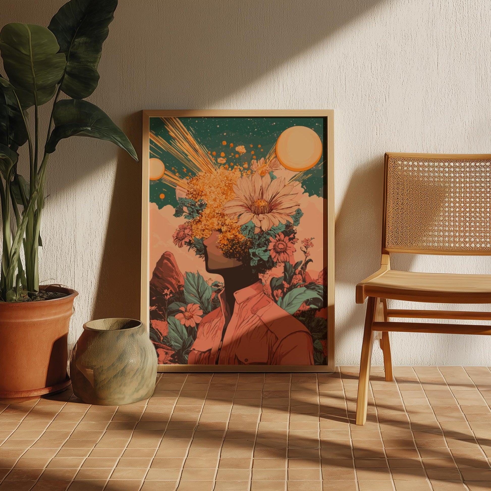 Galactic Bloom Poster – Retro-Futuristic Floral Surrealism Wall Art, Figure with Flowers Head, Twin Suns & Cosmic Pollen Print