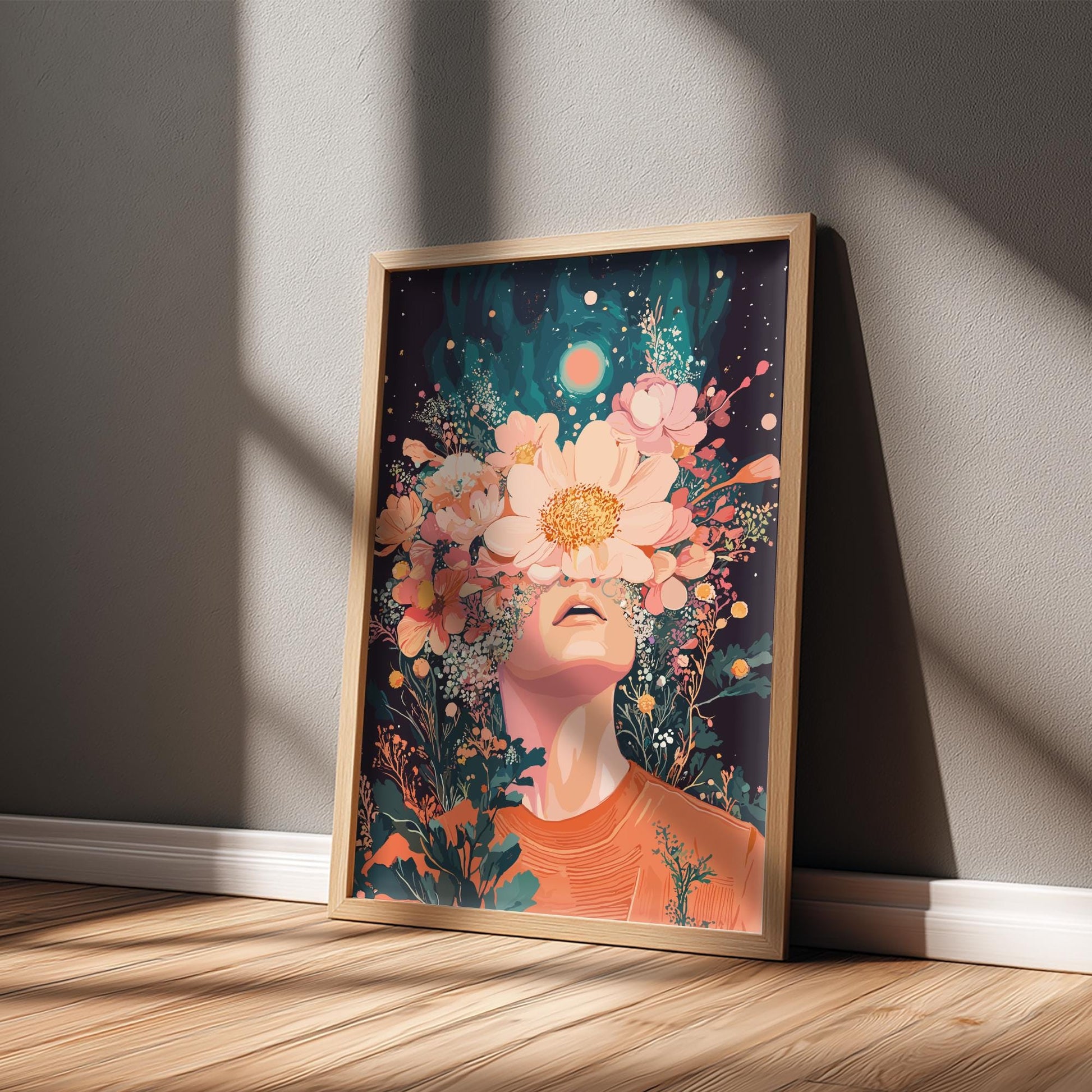 Floral Ascension Poster – Psychedelic Retro Botanical Wall Art, Surreal Figure Exhaling Golden Pollen, Twin Sun Cosmic Decor
