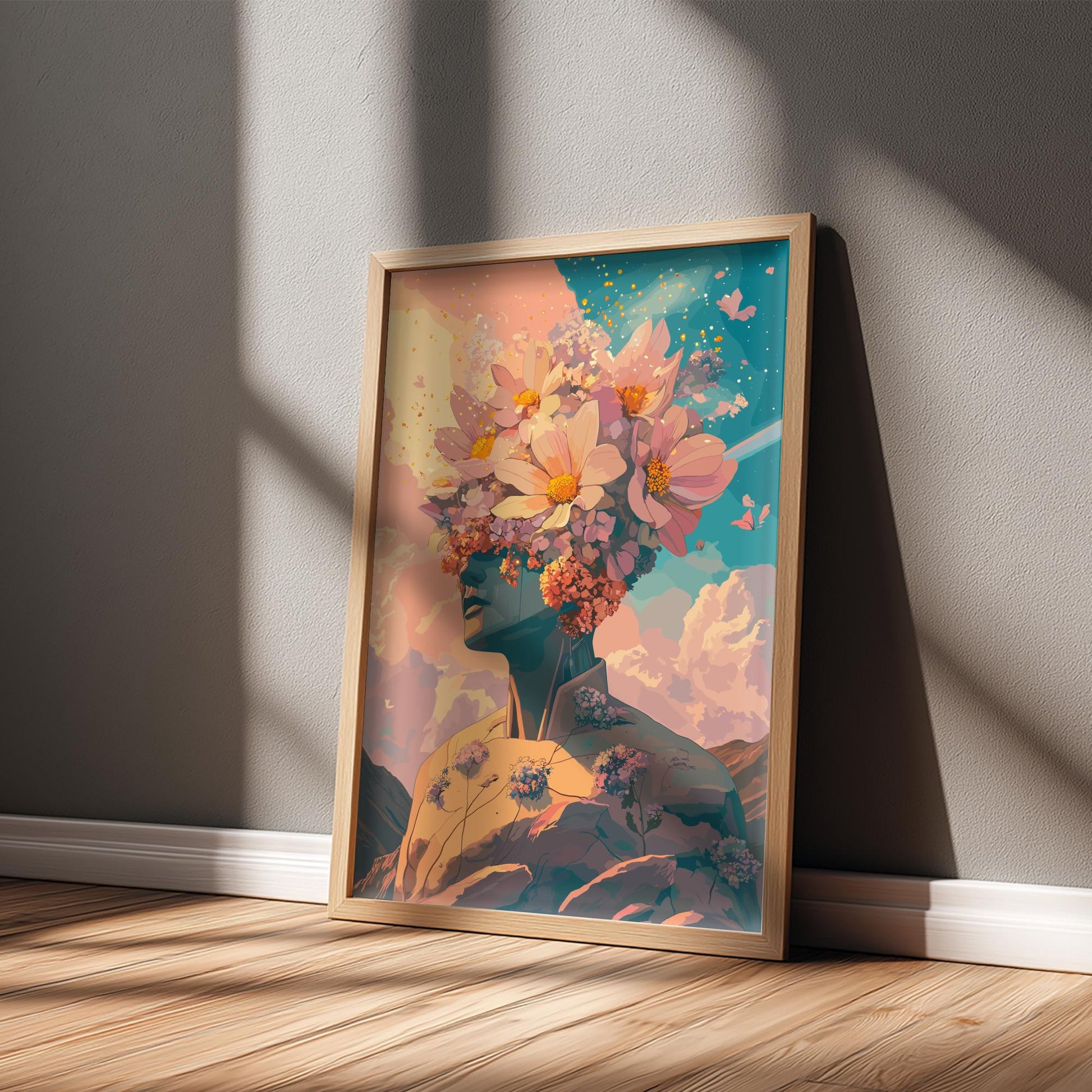 Twin Suns Botanical Poster – Retro Psychedelic Garden Wall Art, Flower-Head Figure Exhaling Golden Light, Surreal Galaxy Decor