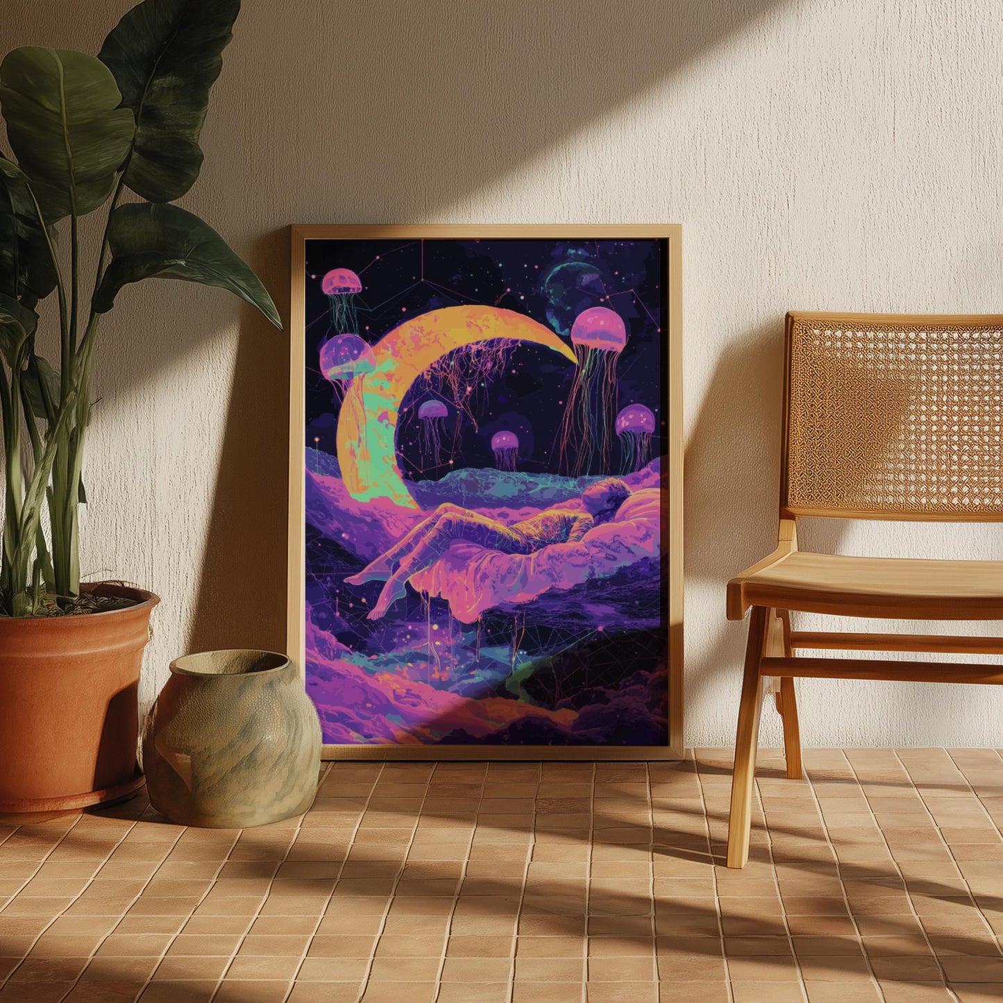 Cosmic Dreams Poster – Surreal Levitating Figure Under Crescent Moon, Geometric Dream Shapes & Floating Jellyfish Wall Art