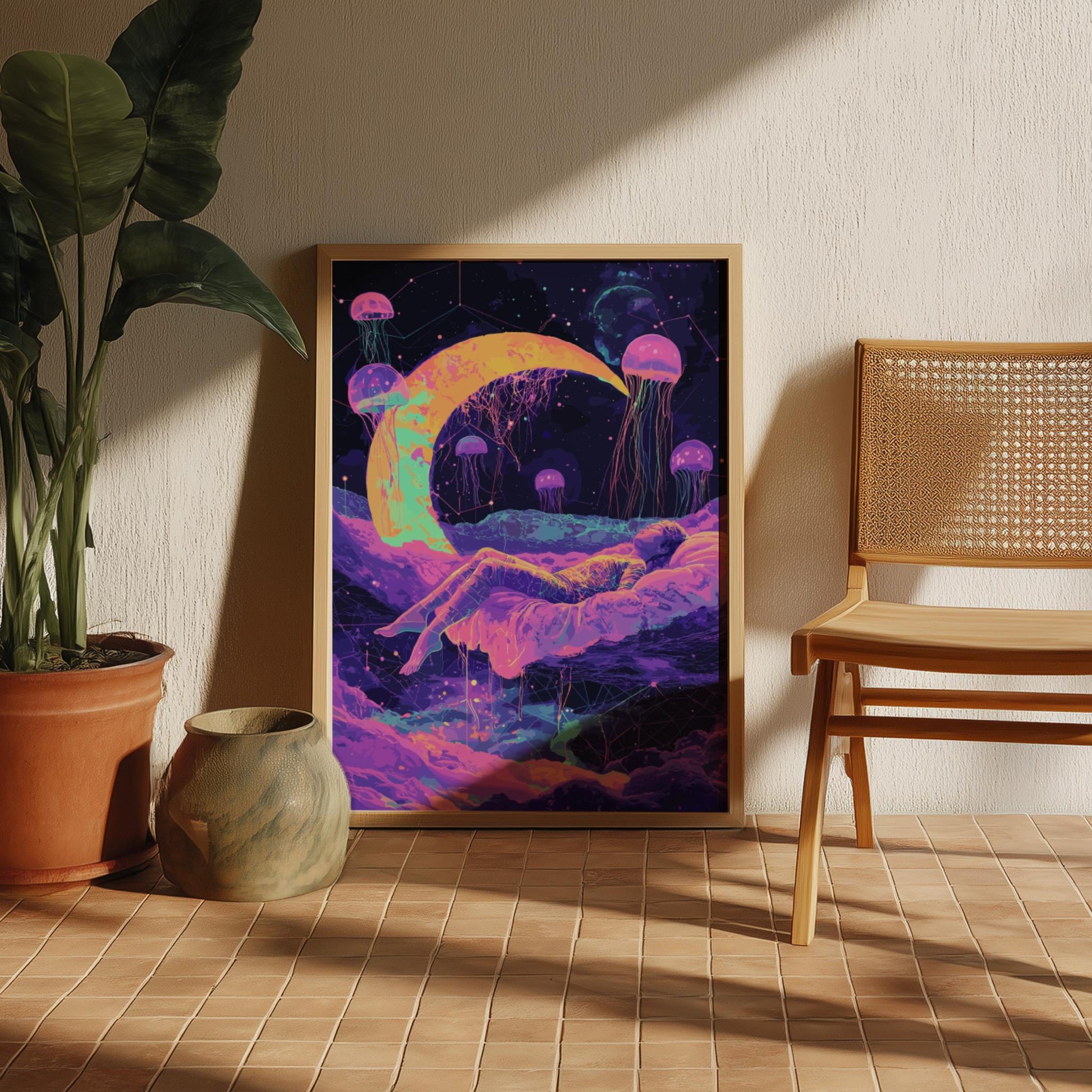 Cosmic Dreams Poster – Surreal Levitating Figure Under Crescent Moon, Geometric Dream Shapes & Floating Jellyfish Wall Art